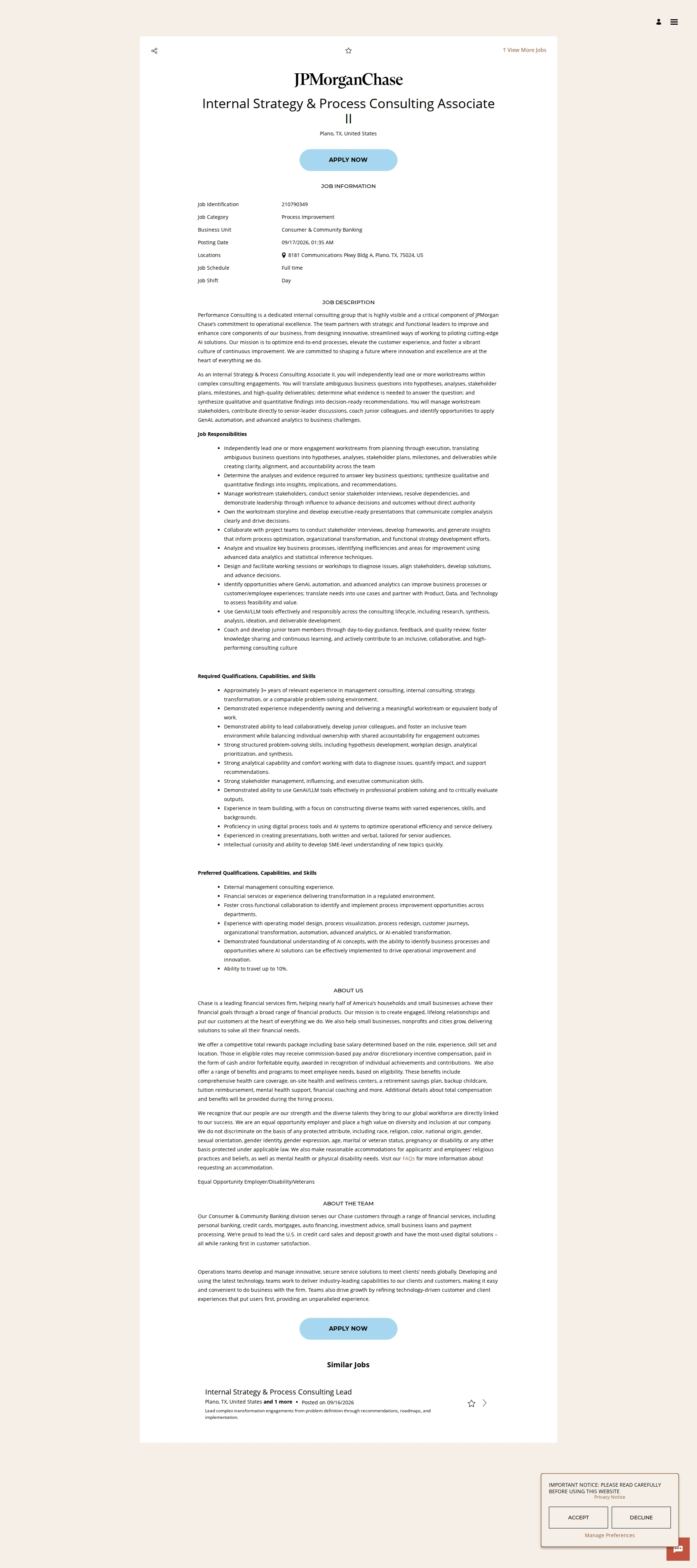 JPMorganChase Internal Strategy & Process Consulting Associate II 채용공고