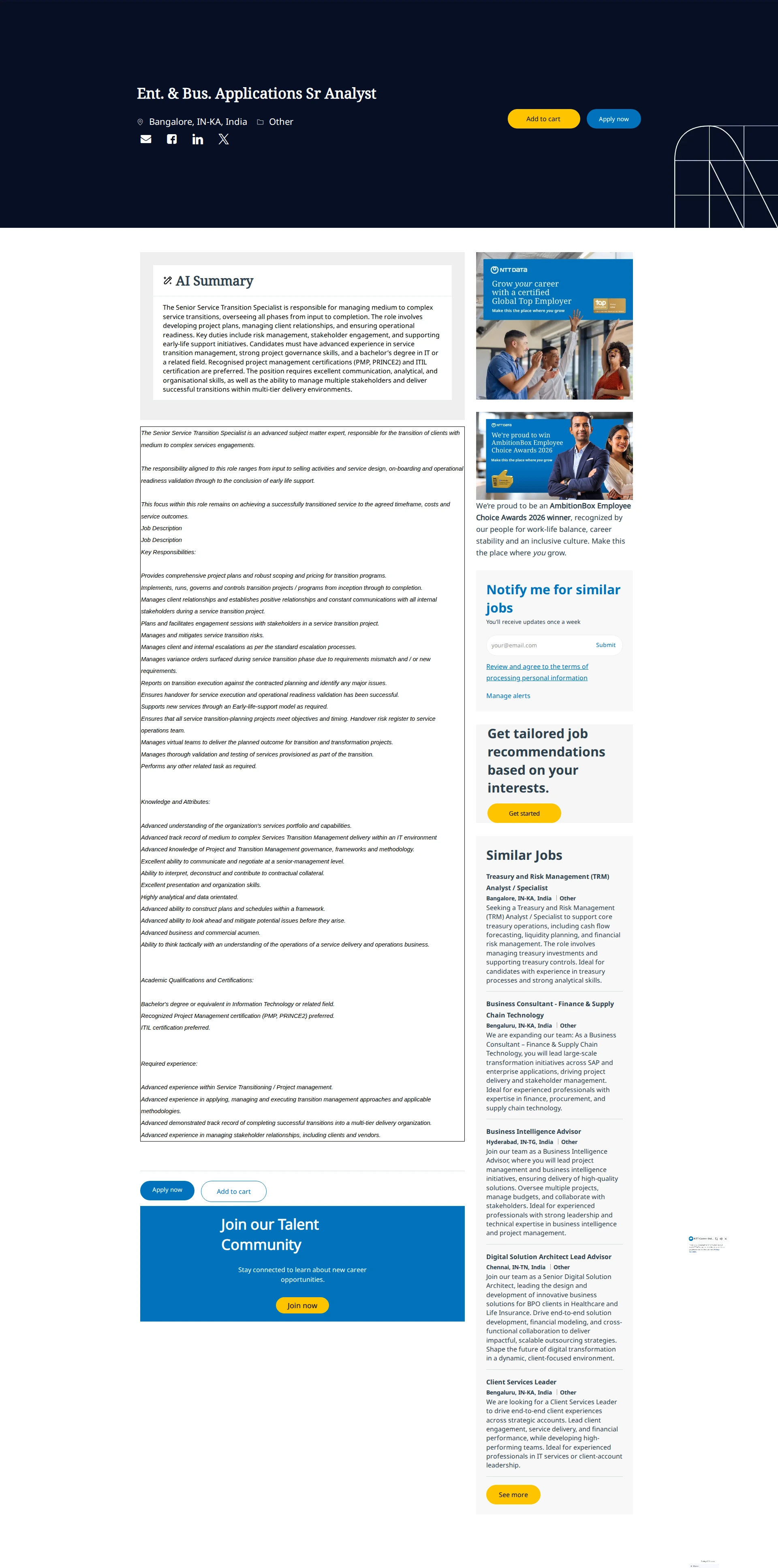NTT데이터 Ent. & Bus. Applications Sr Analyst 채용공고