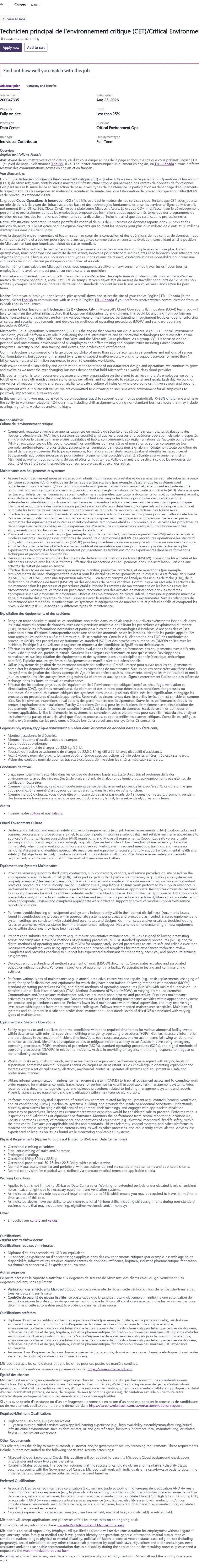 마이크로소프트(Microsoft) Technicien principal de l'environnement critique (CET)/Critical Environment Technician 채용공고