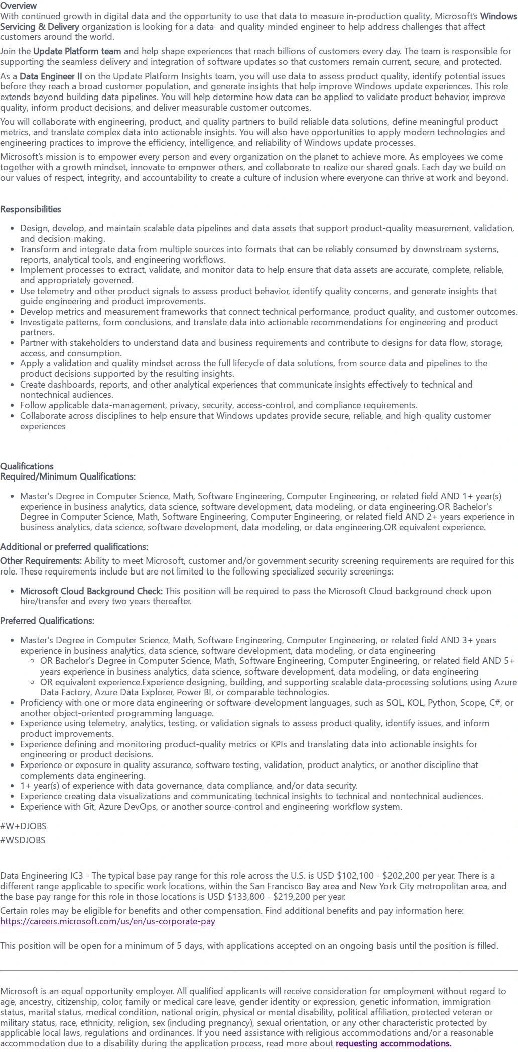 마이크로소프트(Microsoft) Data Engineer II- Windows Servicing & Delivery Update Platform team 채용공고