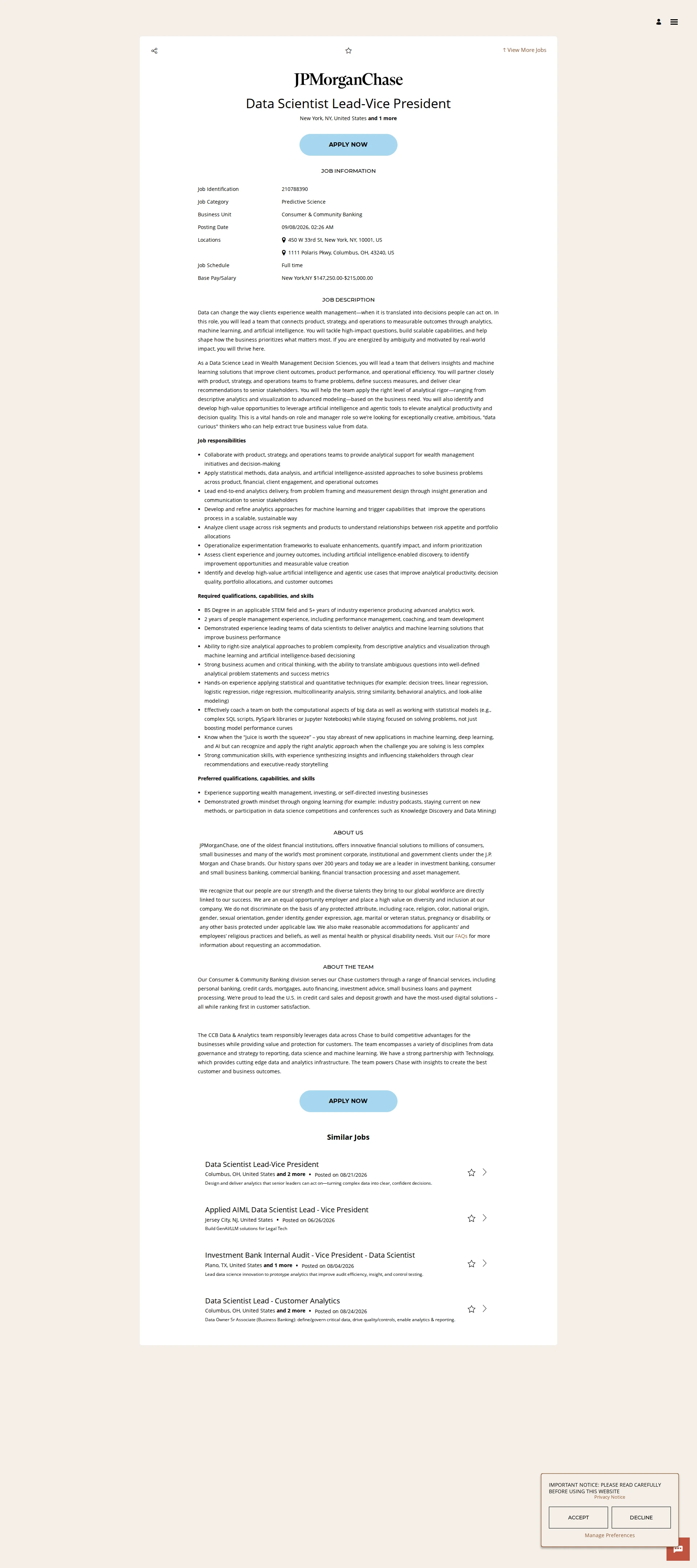 JPMorganChase Data Scientist Lead-Vice President 채용공고