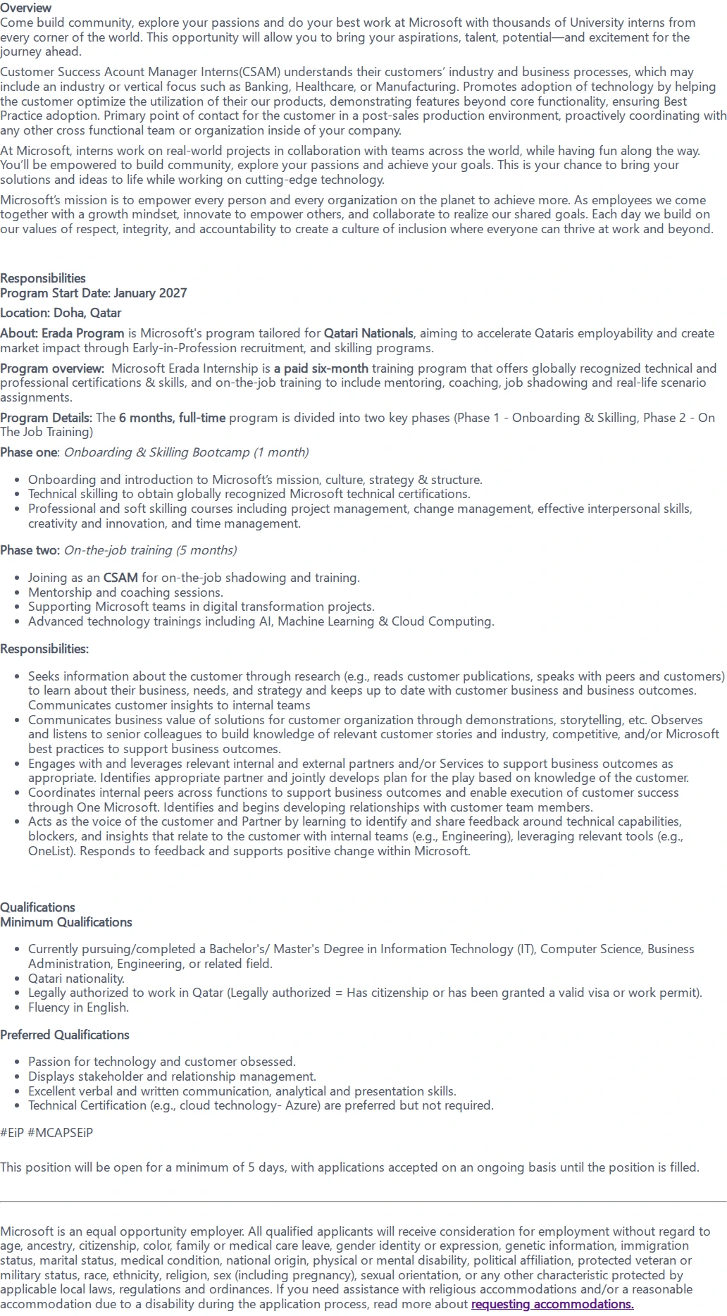 마이크로소프트(Microsoft) Customer Success Acct Manager - Erada Internship 채용공고