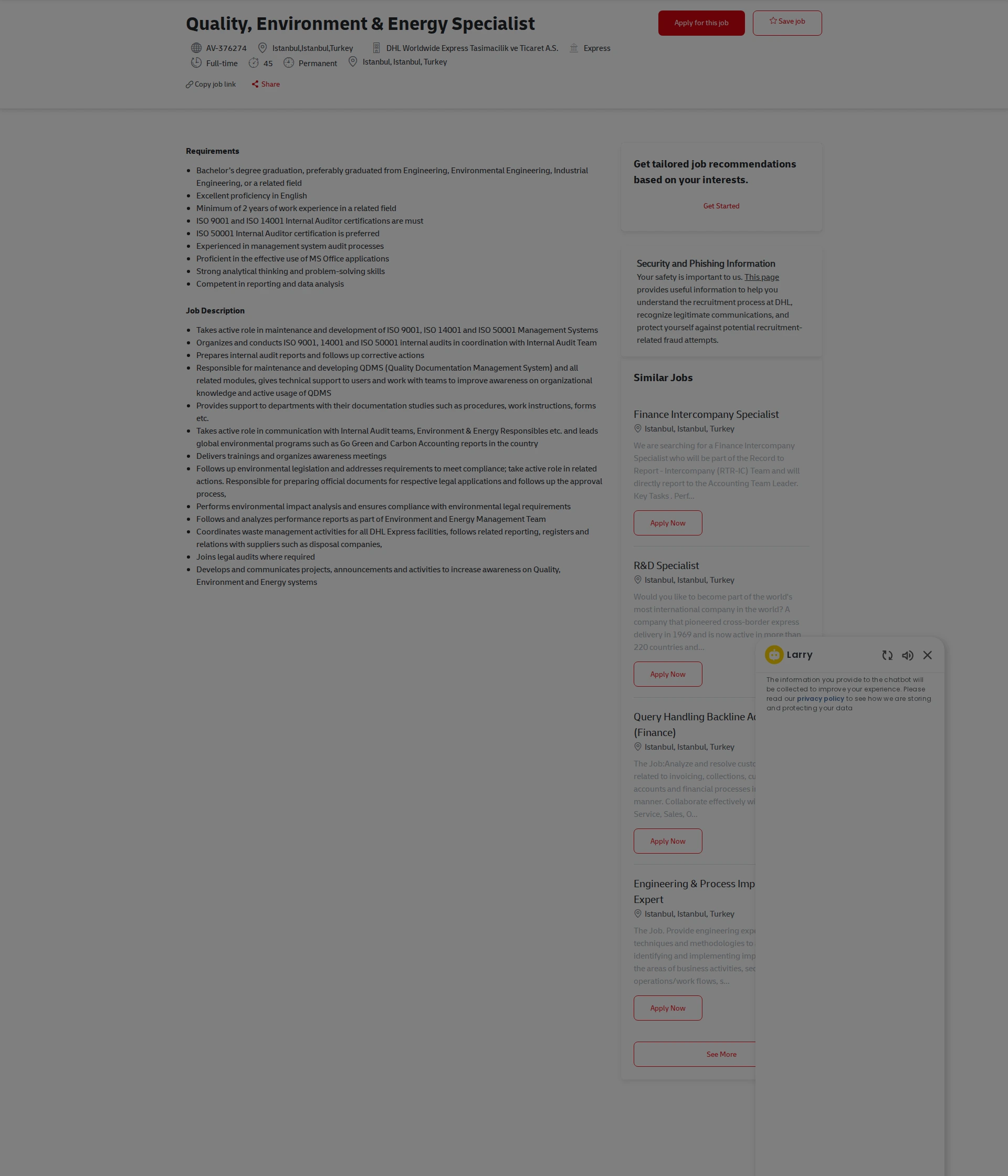 DHL Quality, Environment & Energy Specialist 채용공고