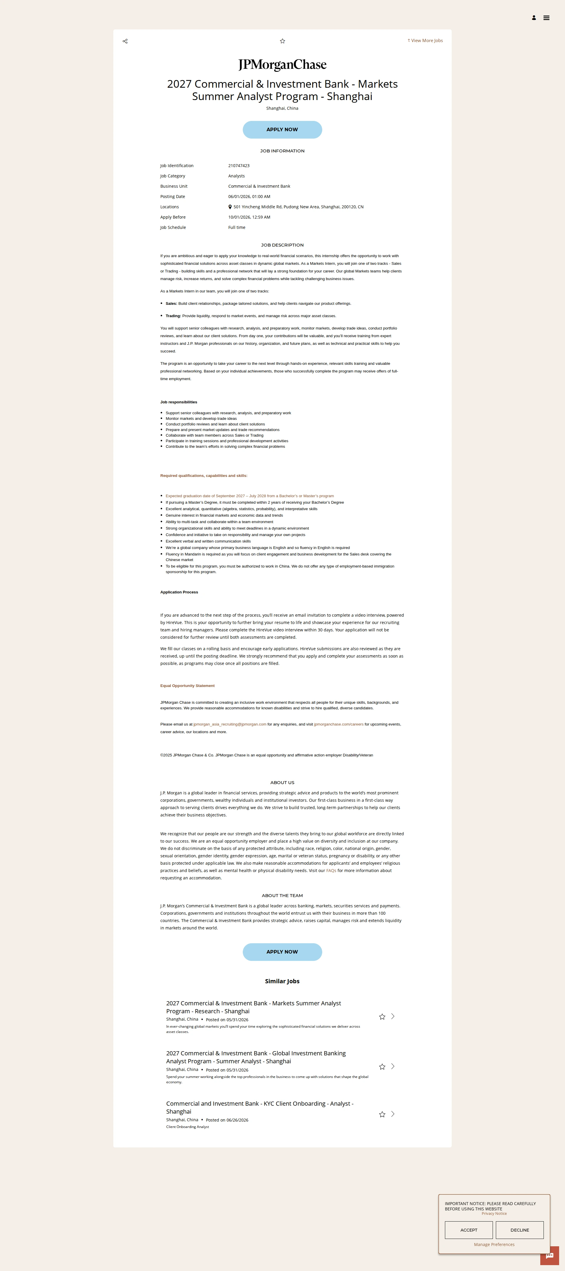 JPMorganChase 2027 Commercial & Investment Bank - Markets Summer Analyst Program - Shanghai 채용공고