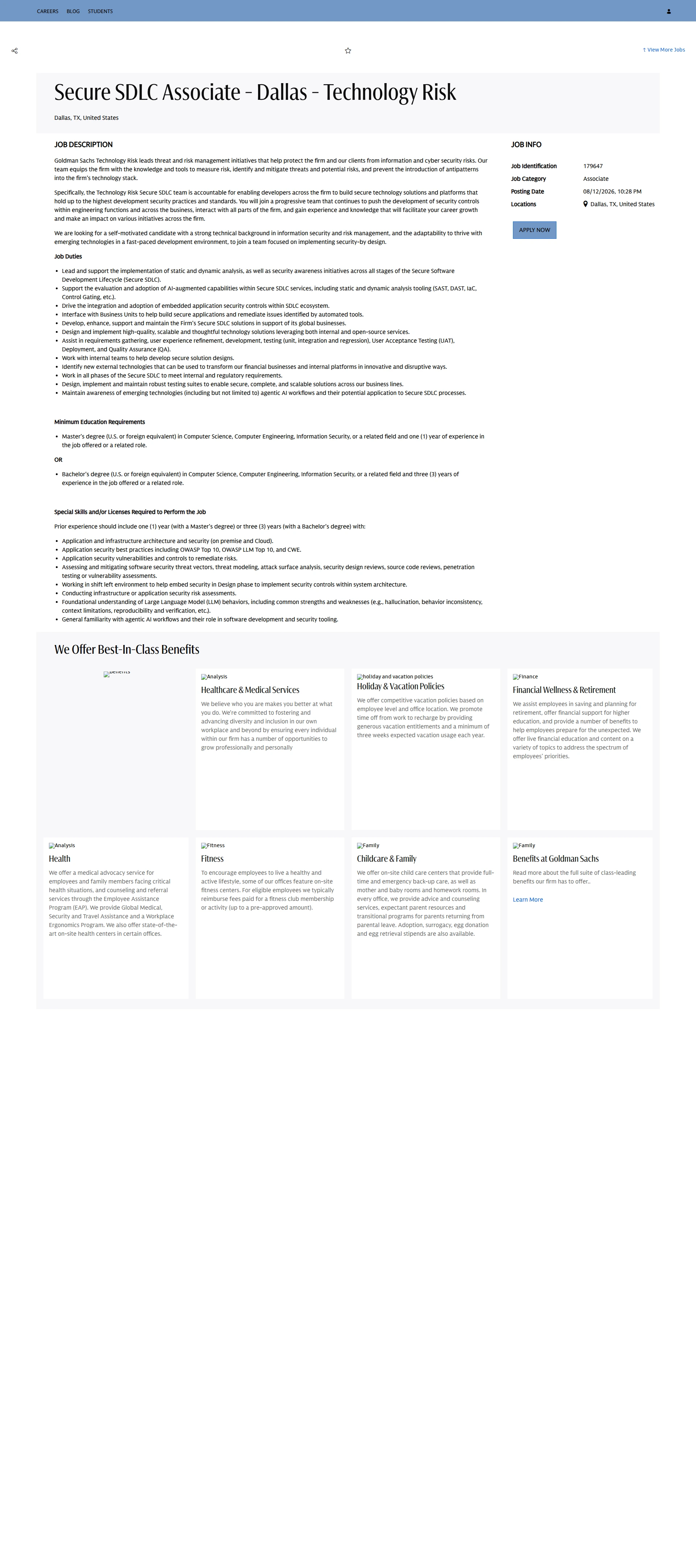 골드만삭스 Secure SDLC Associate - Dallas - Technology Risk 채용공고