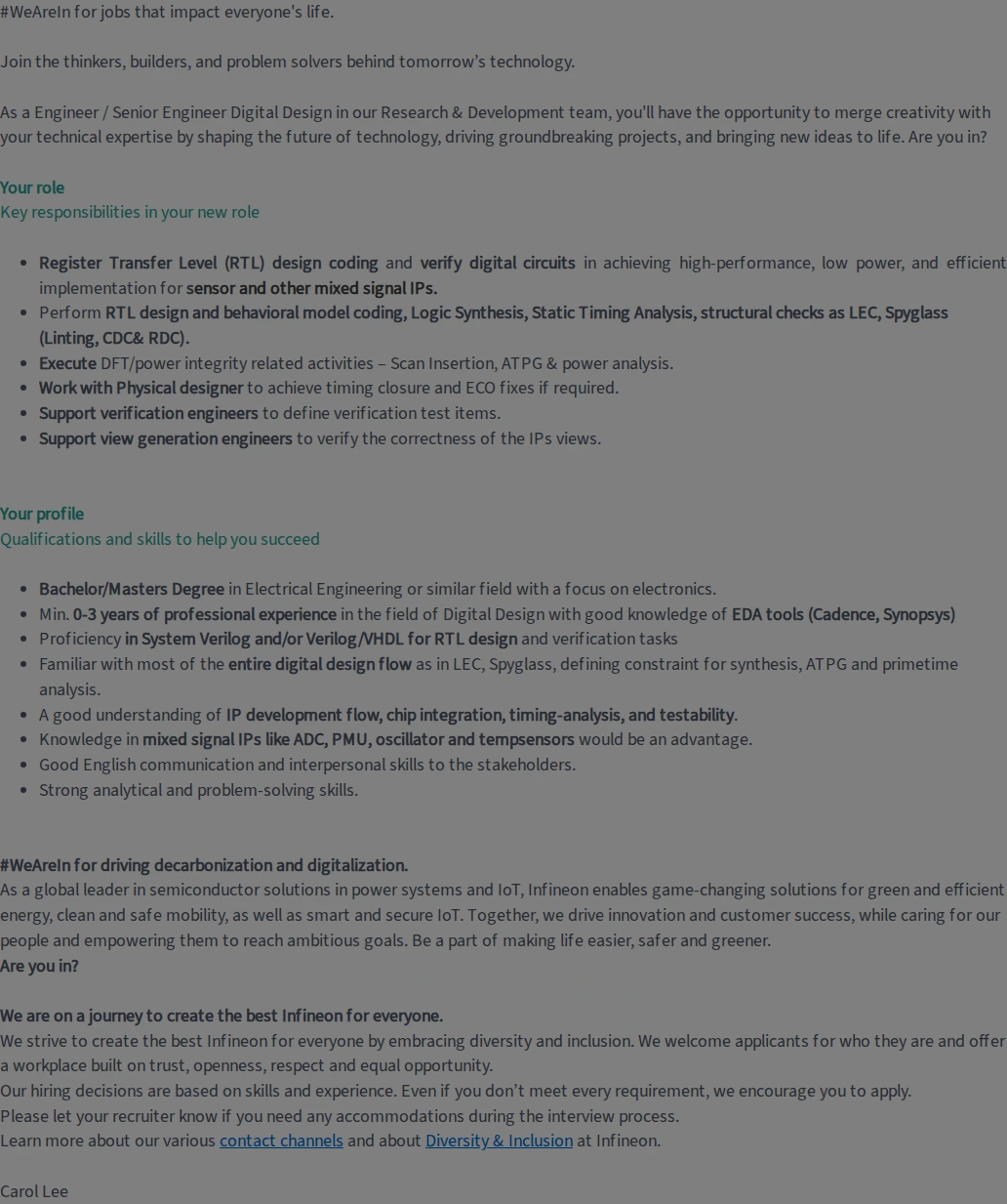 인피니언테크놀로지스코리아 Engineer / Senior Engineer Digital Design 채용공고