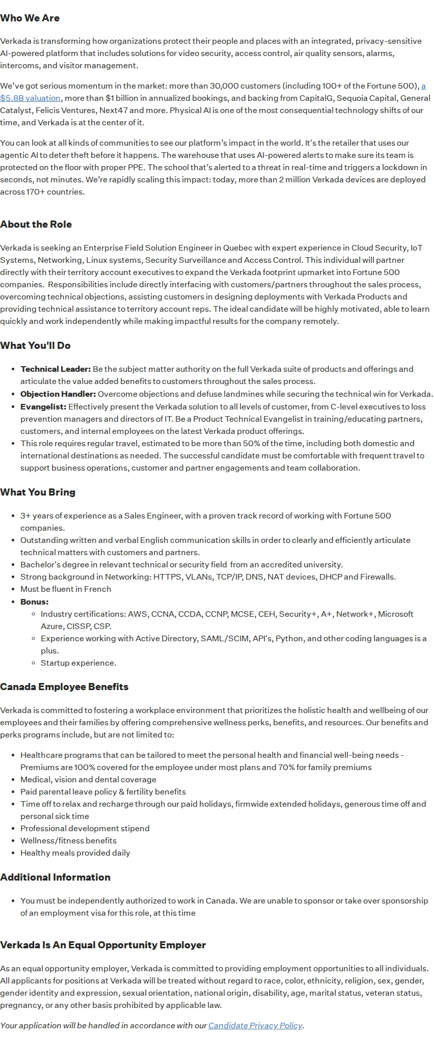 버카다 Enterprise Solutions Engineer, Quebec 채용공고