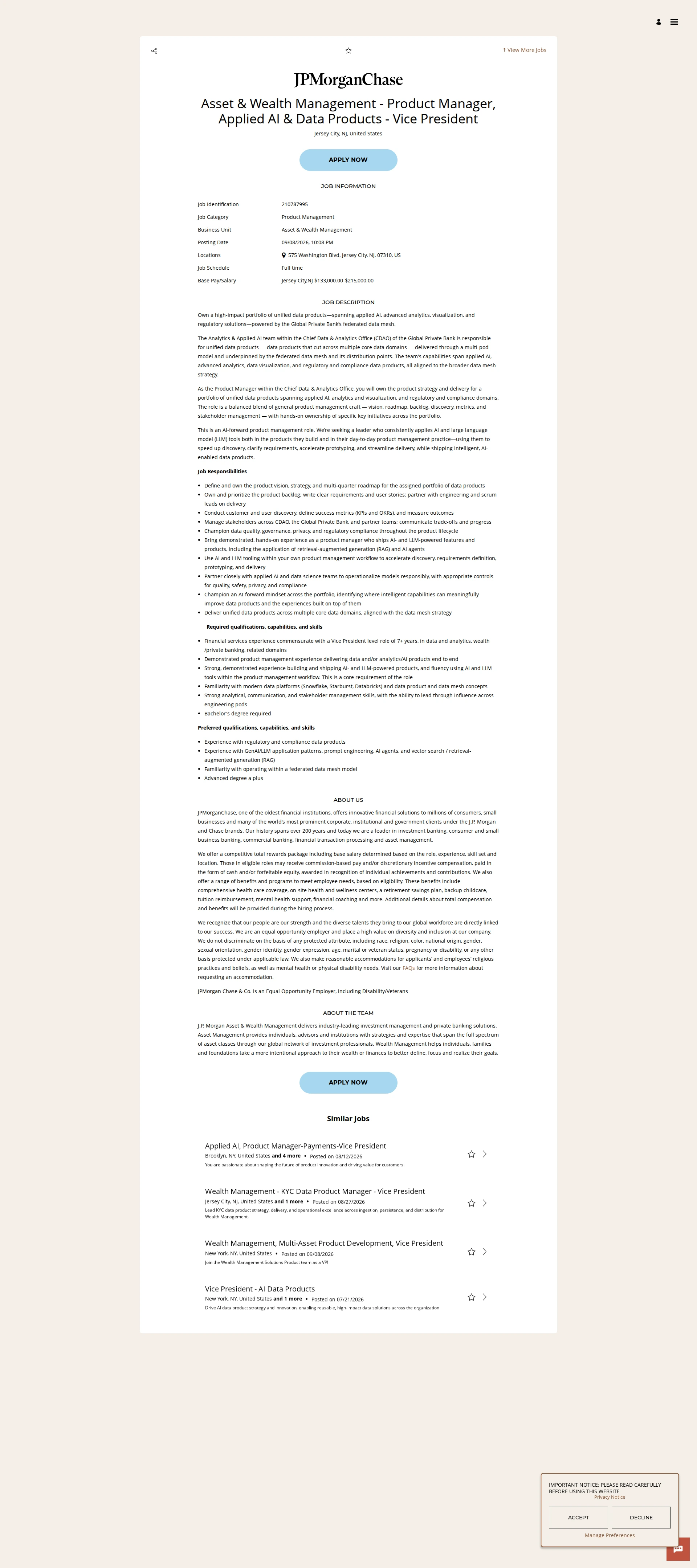 JPMorganChase Asset & Wealth Management - Product Manager, Applied AI & Data Products - Vice President 채용공고