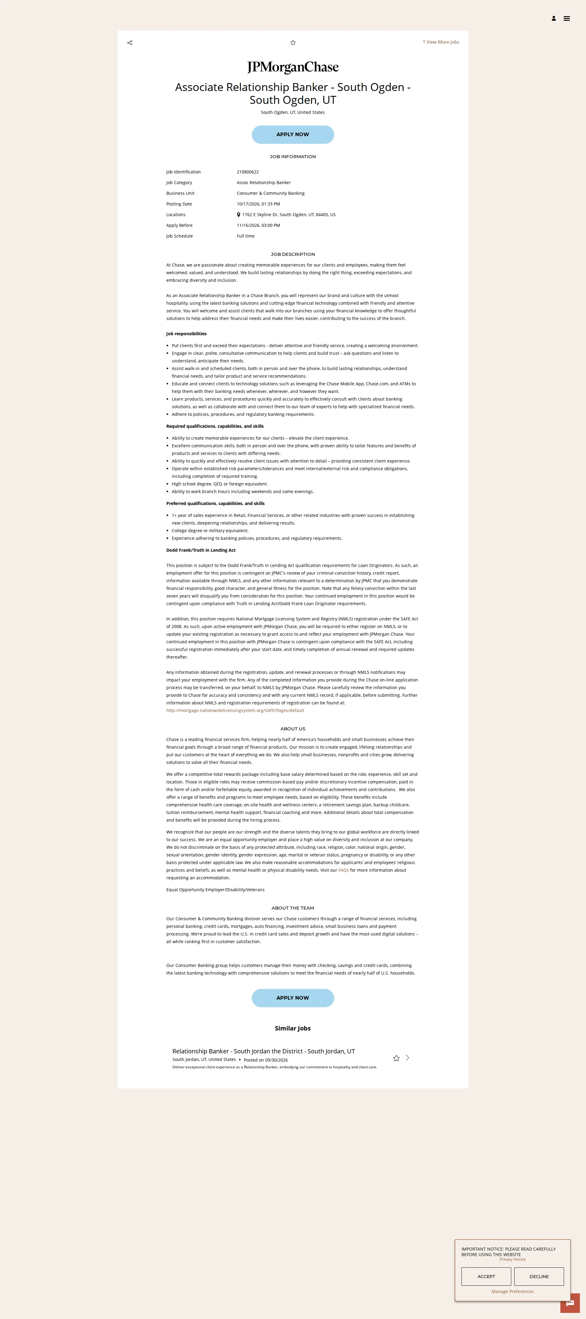 JPMorganChase Associate Relationship Banker - South Ogden - South Ogden, UT 채용공고