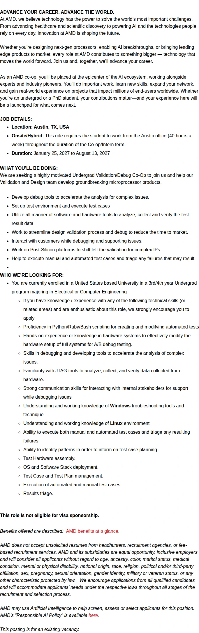 AMD 2027 Spring/Summer Undergrad Validation/Debug Co-Op 채용공고