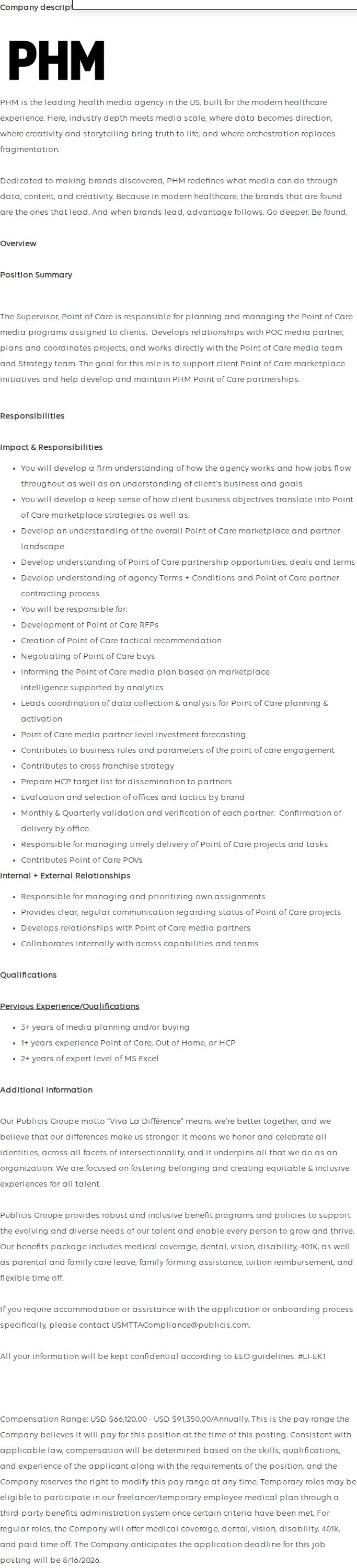 Publicis Groupe Supervisor, Point of Care 채용공고