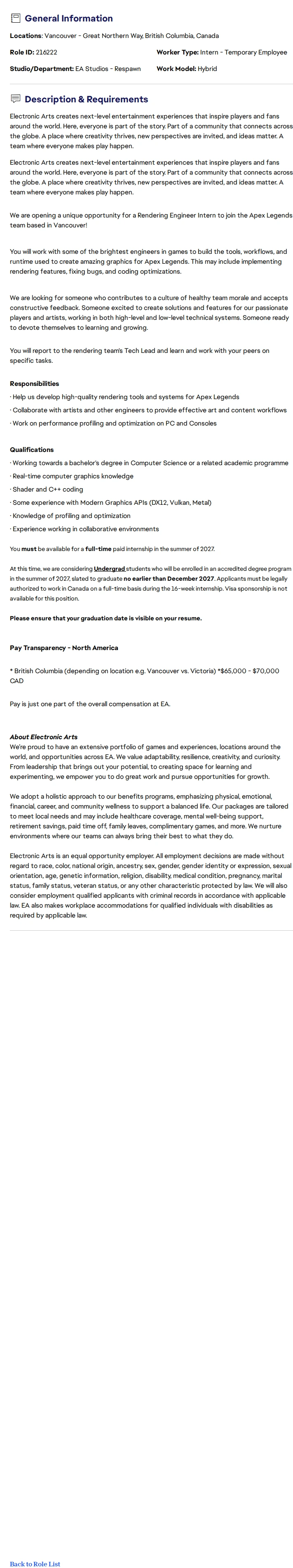 ElectronicArts Rendering Engineer Intern 채용공고