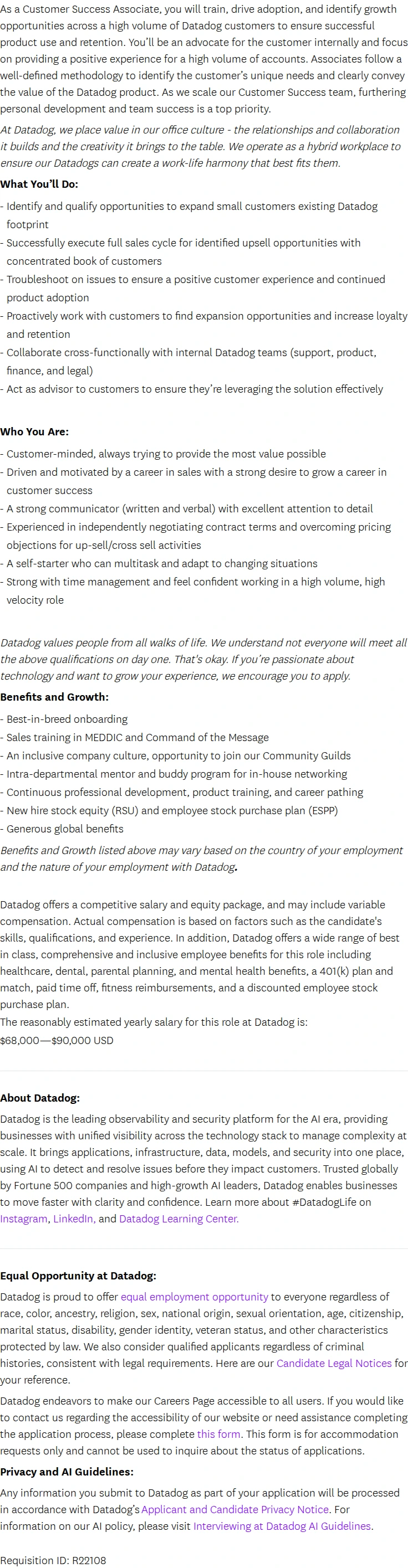 데이터독 Associate Customer Success Manager - Boston 채용공고