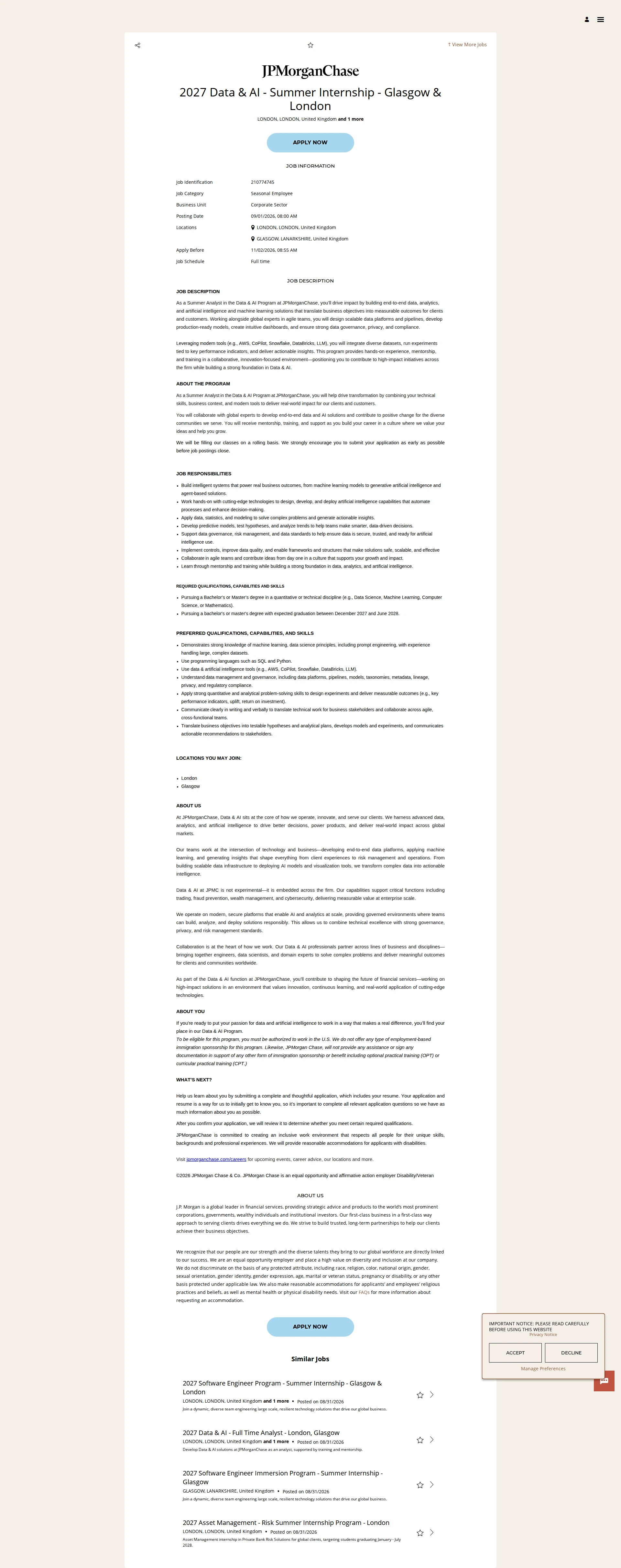 JPMorganChase 2027 Data & AI - Summer Internship -  Glasgow & London 채용공고