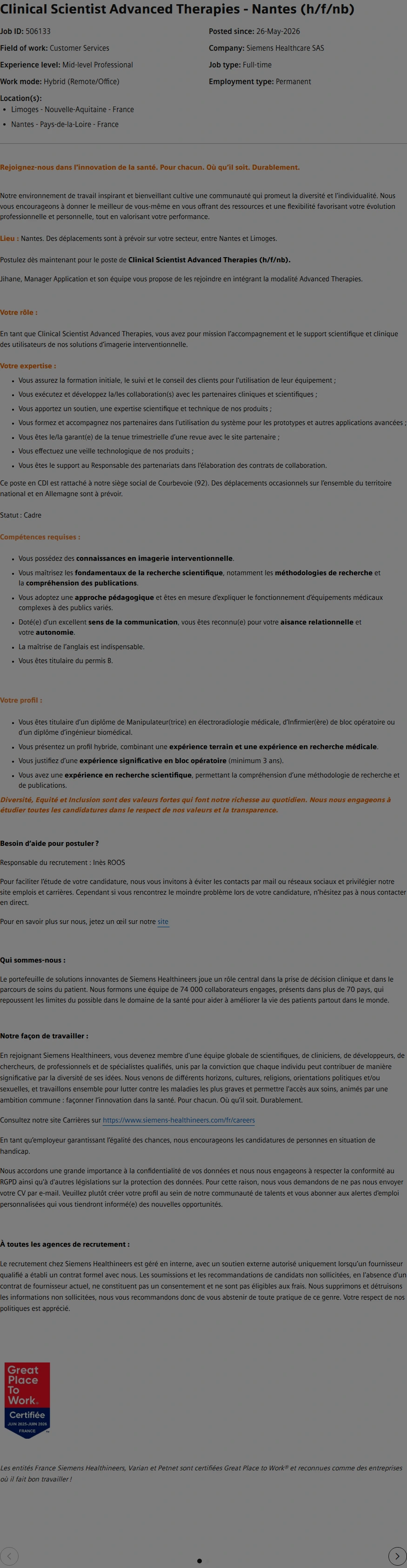 SiemensHealthineers Clinical Scientist Advanced Therapies - Nantes (h/f/nb) 채용공고