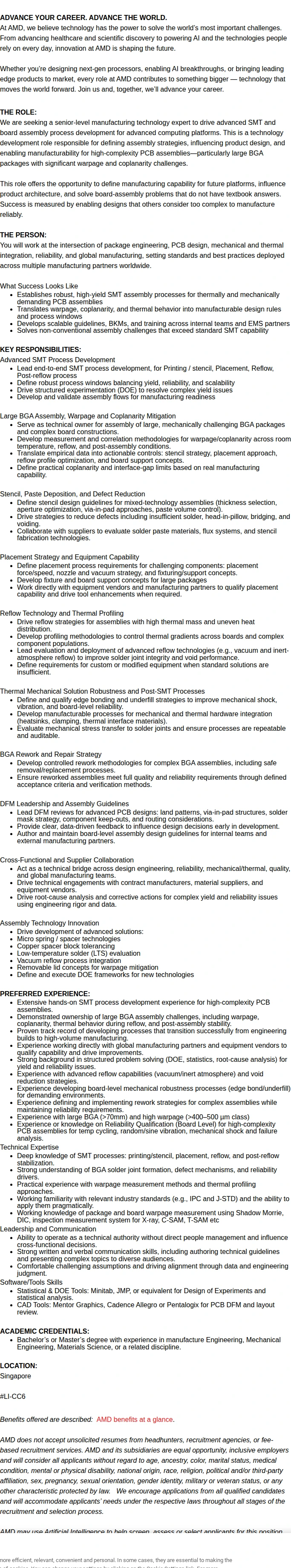 AMD Staff Board Assembly Engineer (Advanced SMT Process Development) 채용공고