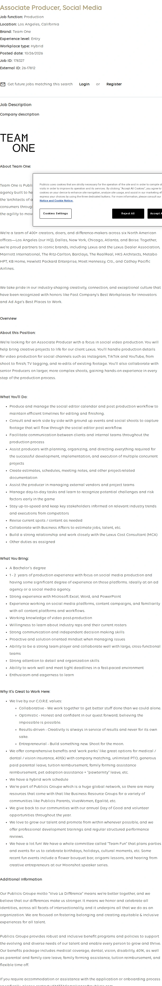 Publicis Groupe Associate Producer, Social Media 채용공고