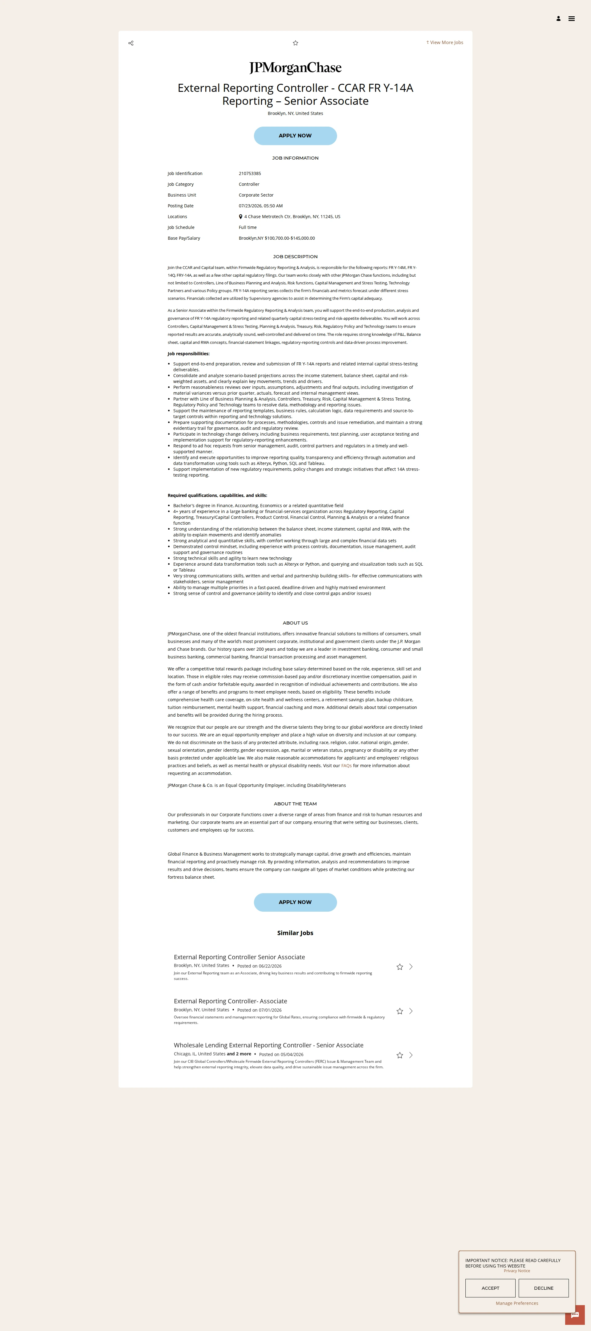 JPMorganChase External Reporting Controller - CCAR FR Y-14A Reporting – Senior Associate 채용공고