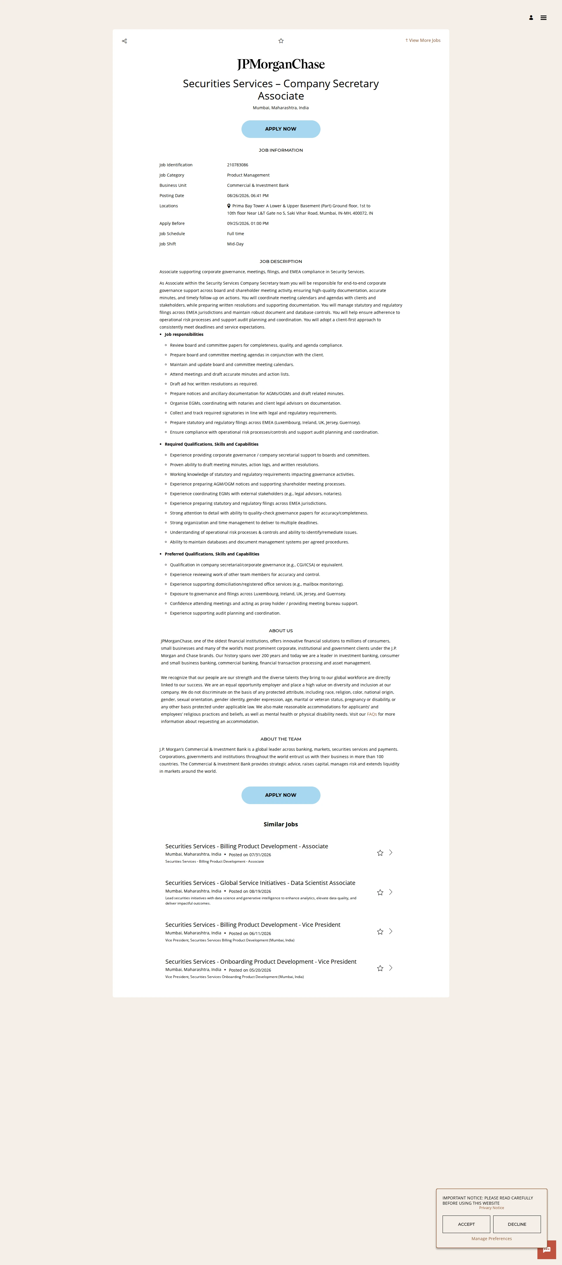JPMorganChase Securities Services – Company Secretary Associate 채용공고