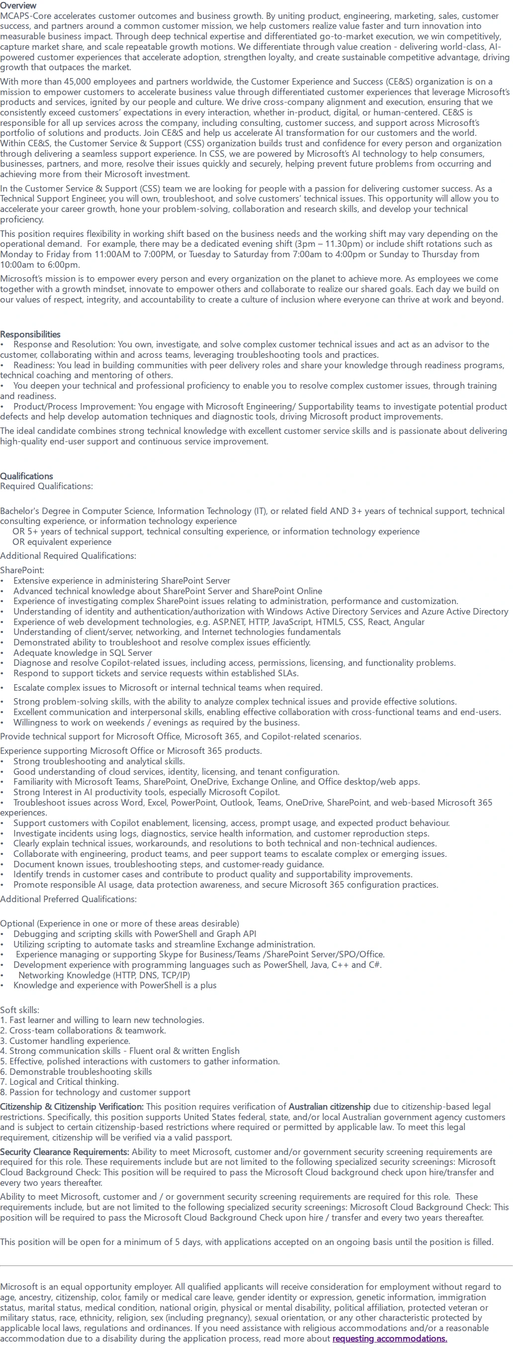 마이크로소프트(Microsoft) Technical Support Engineer (SharePoint) 채용공고
