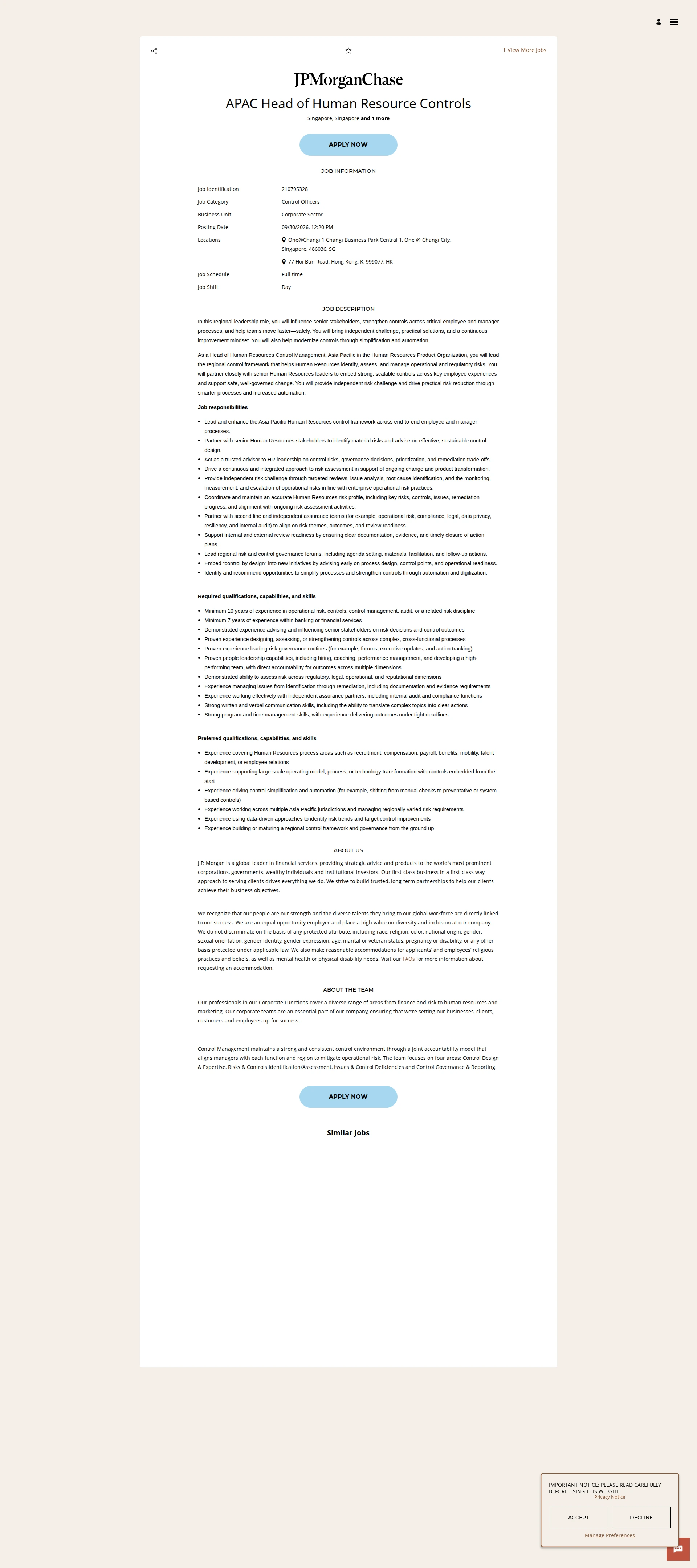 JPMorganChase APAC Head of Human Resource Controls 채용공고