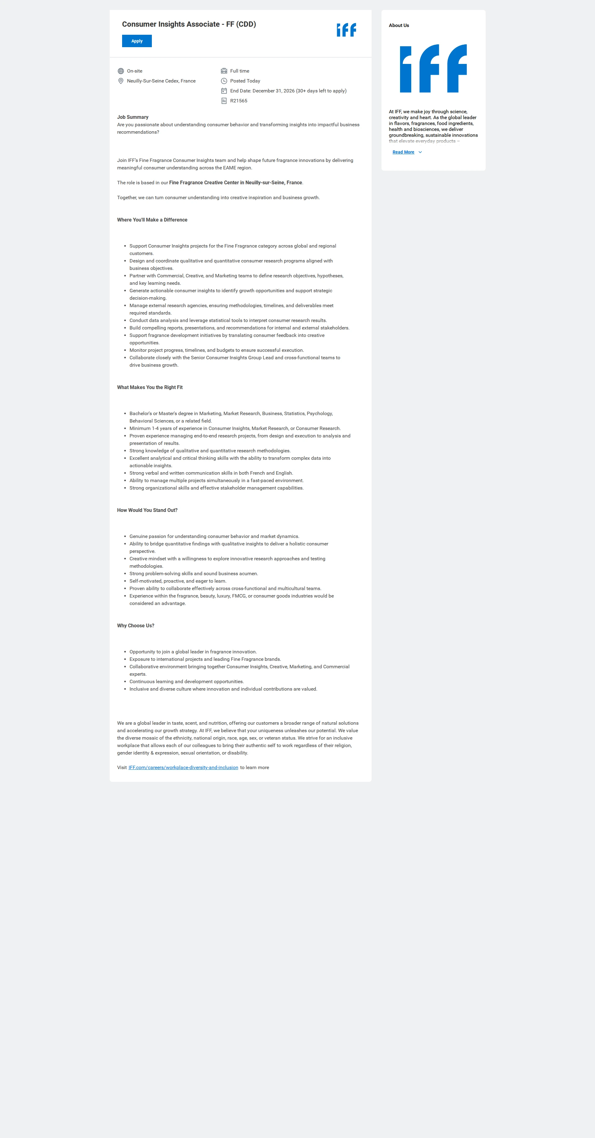 [IFF] Consumer Insights Associate - FF (CDD) 채용 | AI_데이터