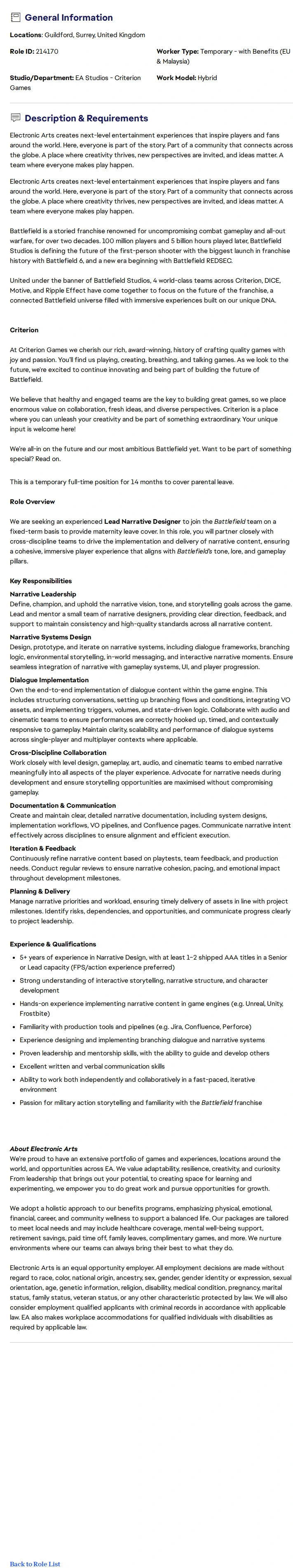 ElectronicArts Lead Narrative Designer 채용공고