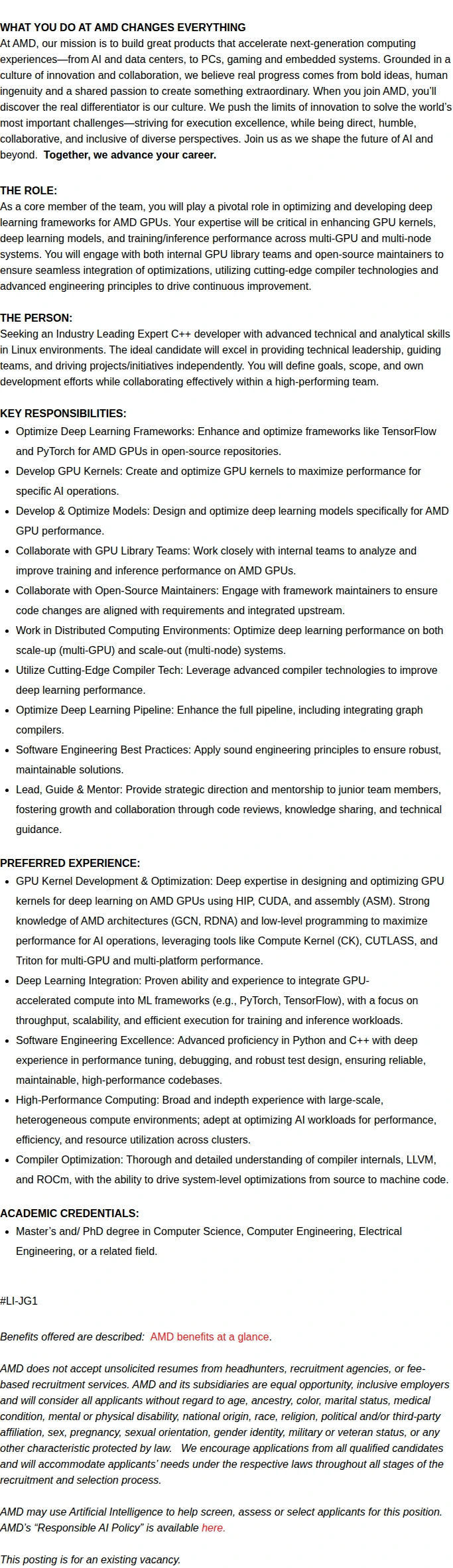 AMD Sr. Software Development Engineer  – GPU Kernel Development 채용공고
