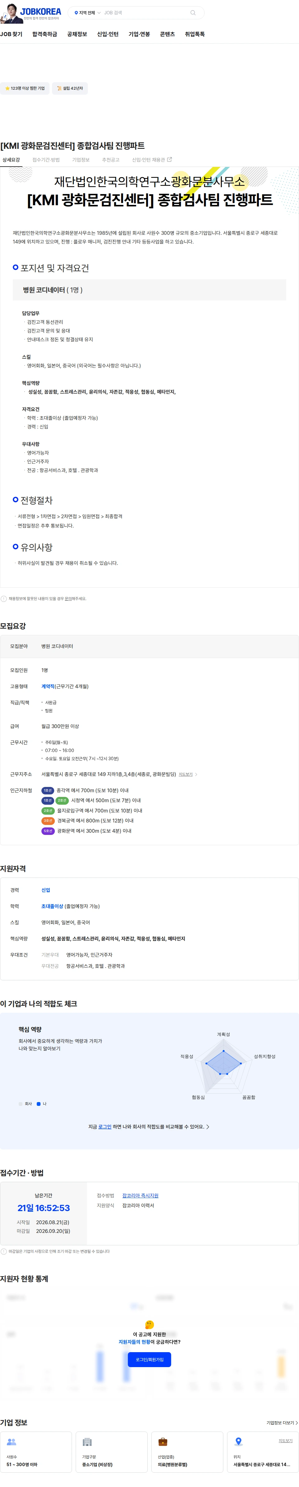 한국의학연구소광화문분사무소 [KMI 광화문검진센터] 종합검사팀 진행파트 채용공고