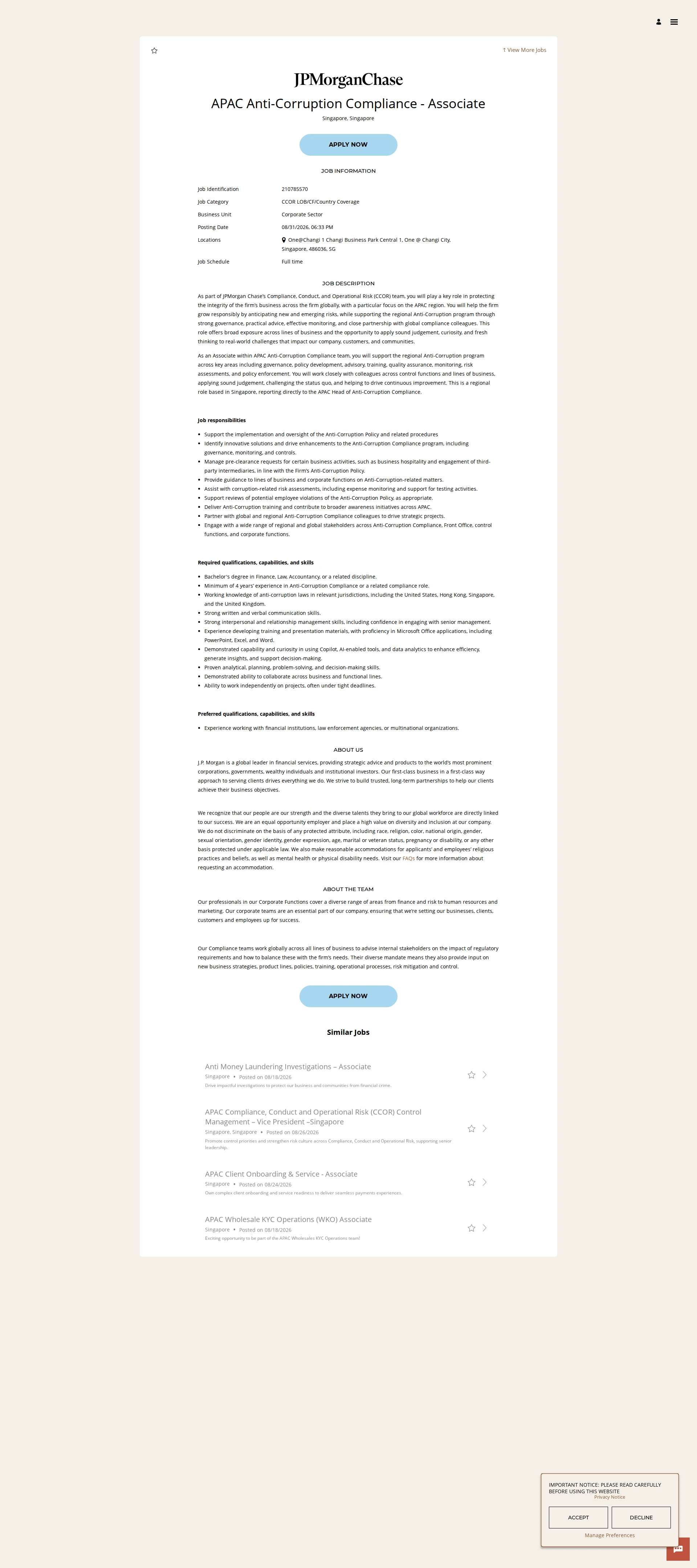 JPMorganChase APAC Anti-Corruption Compliance - Associate 채용공고