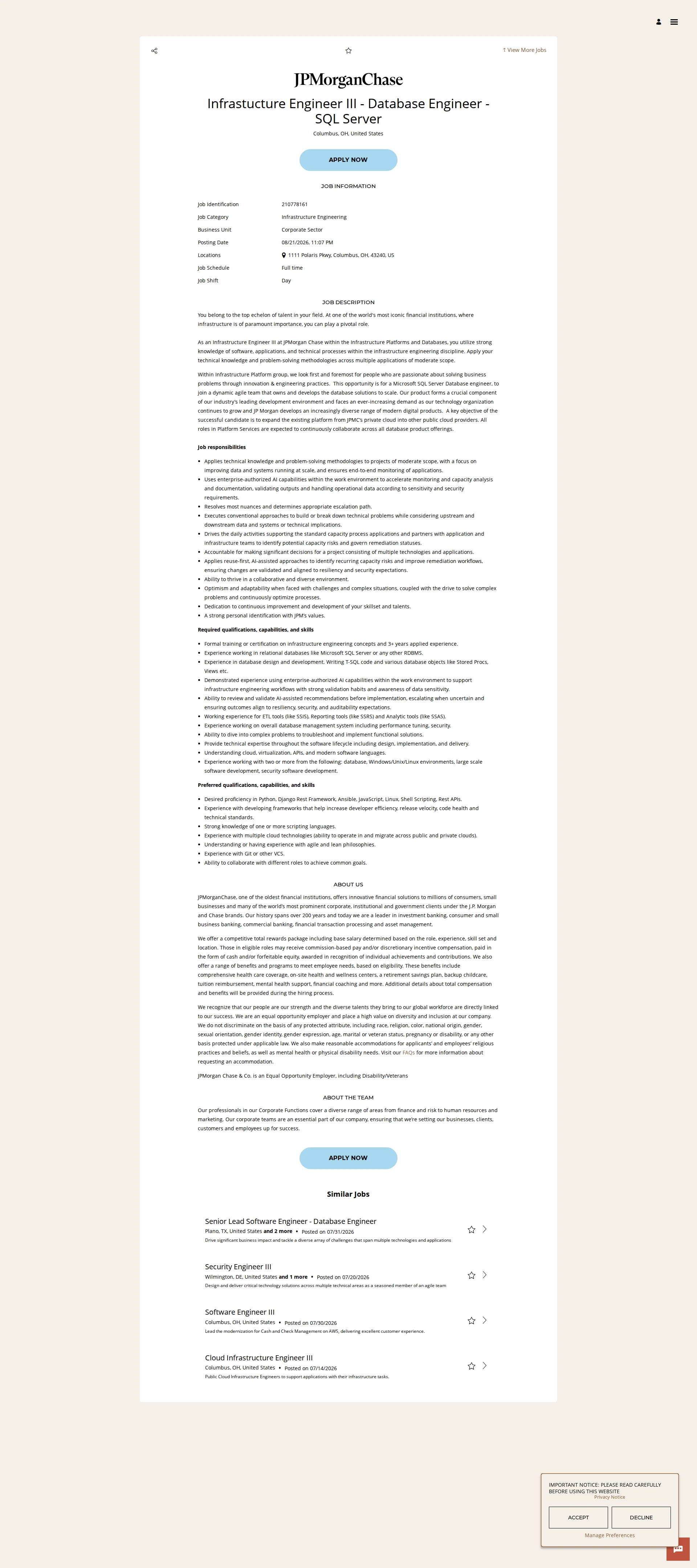 JPMorganChase Infrastucture Engineer III - Database Engineer - SQL Server 채용공고