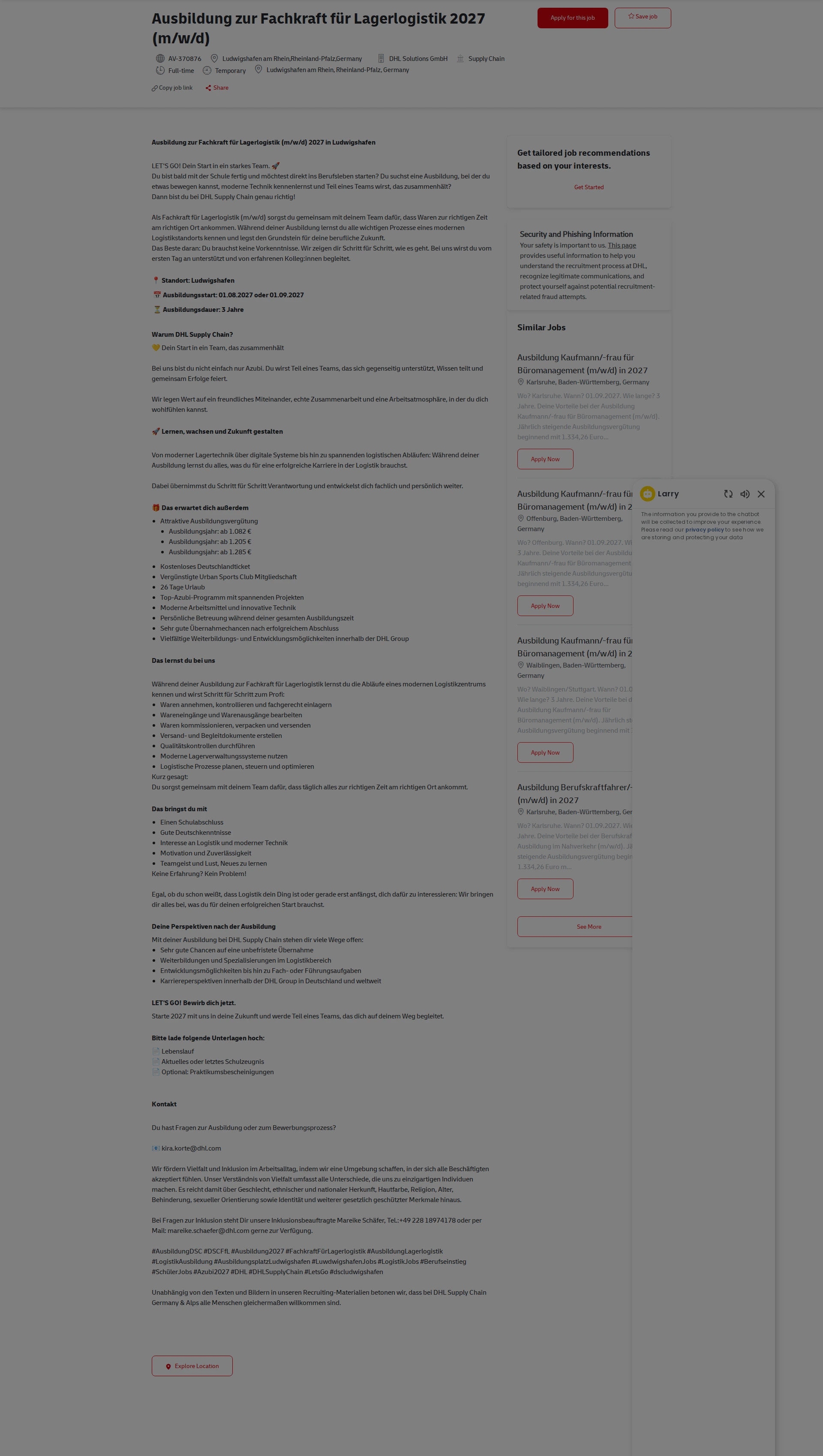 DHL Ausbildung zur Fachkraft für Lagerlogistik 2027 (m/w/d) 채용공고