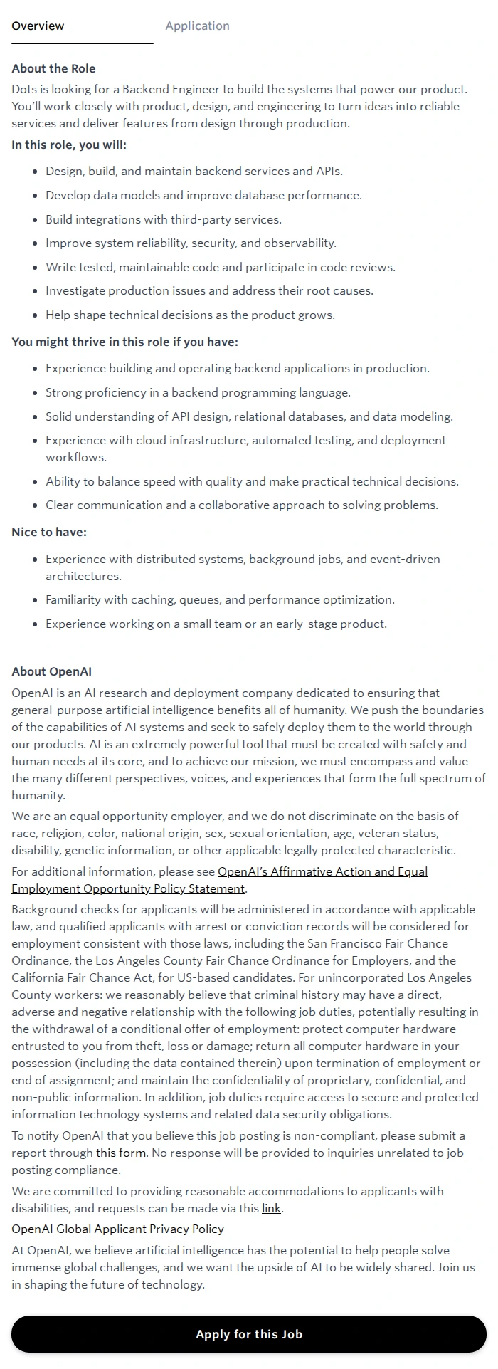 오픈에이아이(OpenAI) Software Engineer, Backend — Dots 채용공고