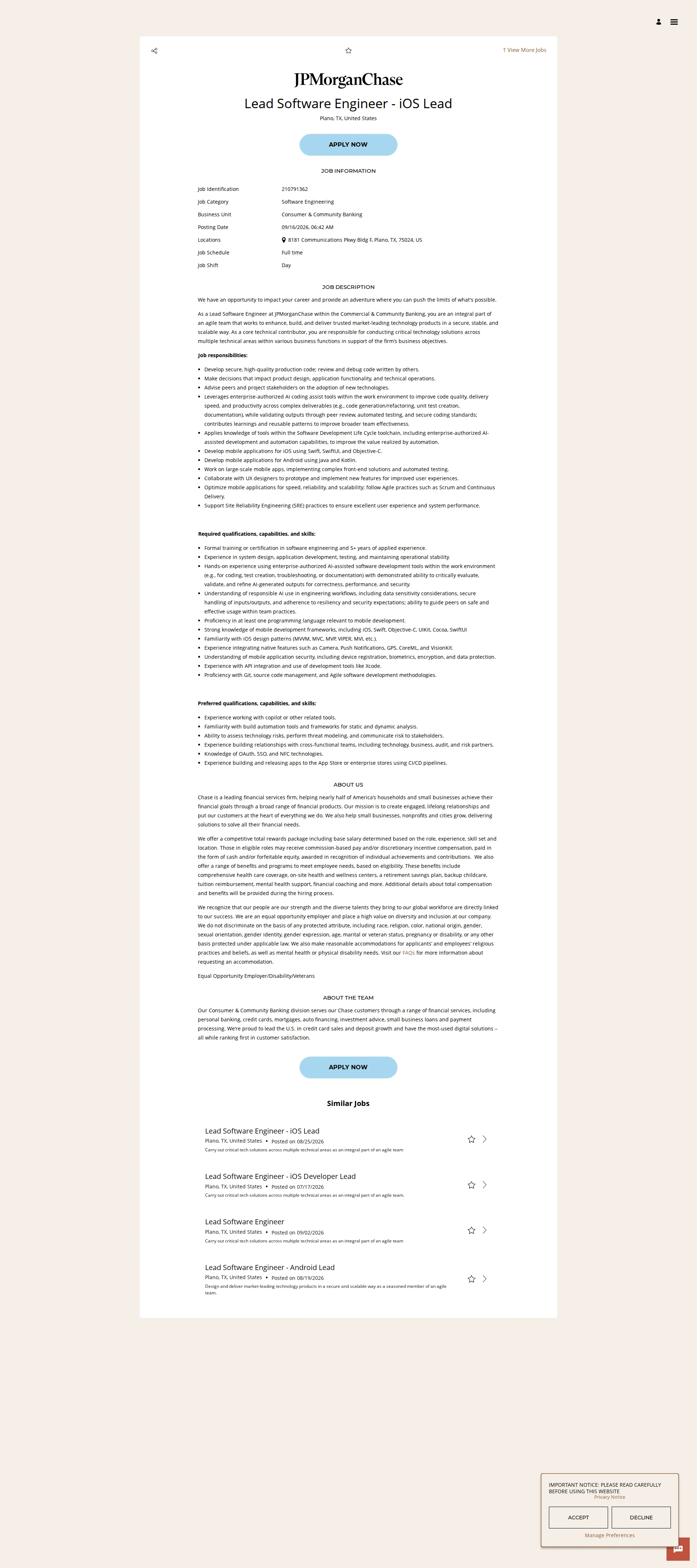 JPMorganChase Lead Software Engineer - iOS Lead 채용공고
