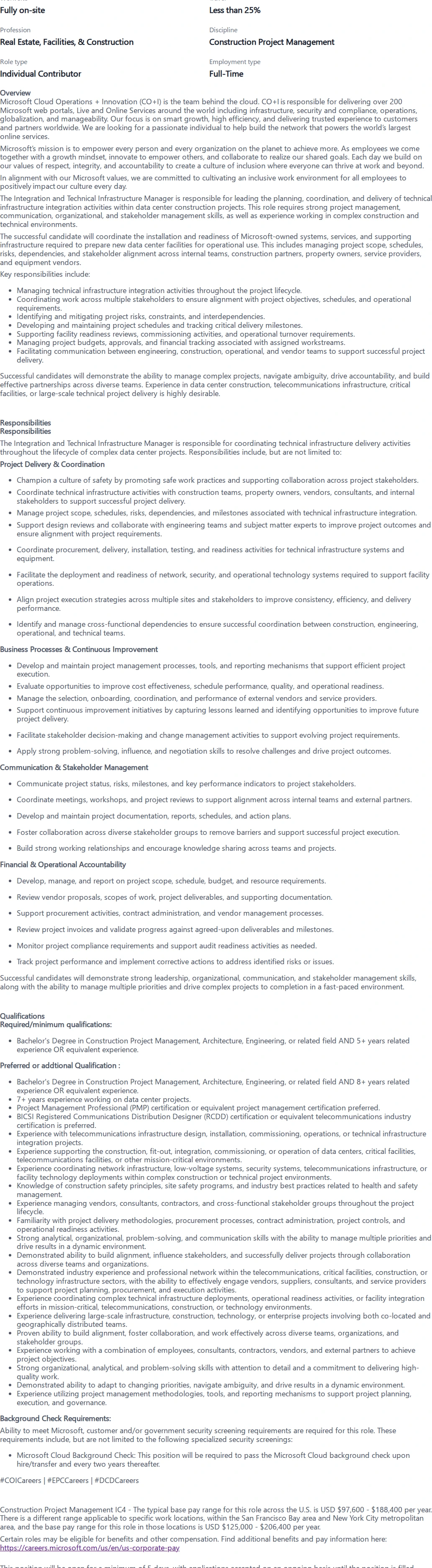 마이크로소프트(Microsoft) Build Integration & Technical Infrastructure Manager 채용공고