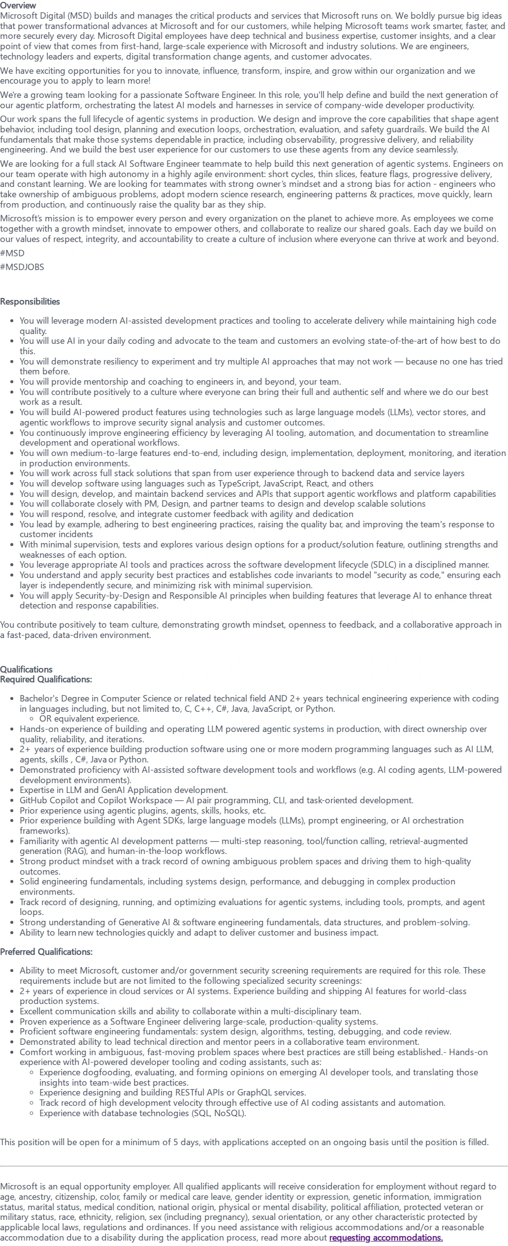 마이크로소프트(Microsoft) Software Engineering 2 채용공고