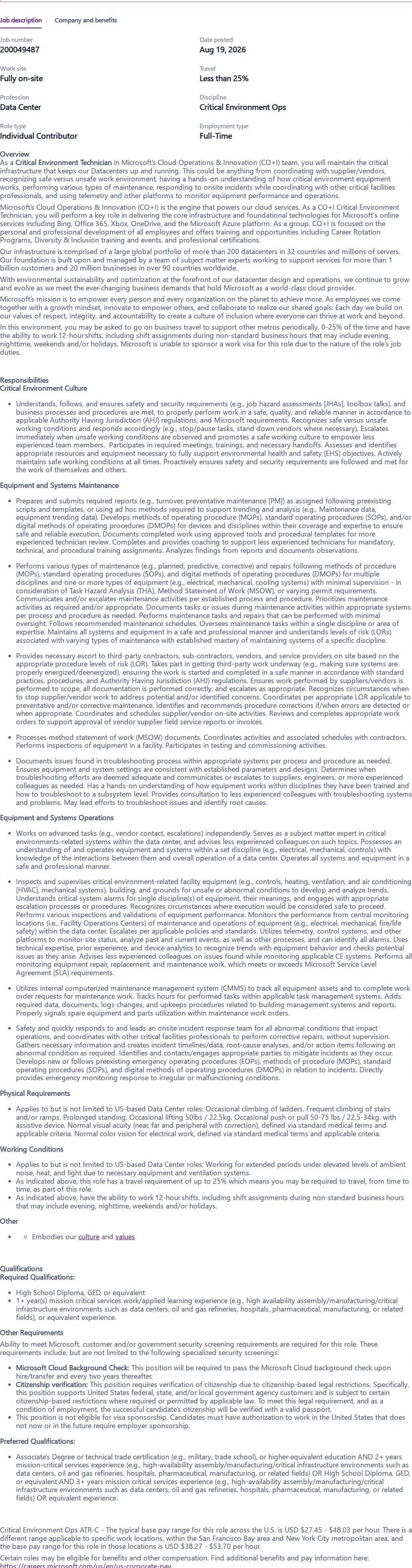 마이크로소프트(Microsoft) Critical Environment Ops 채용공고