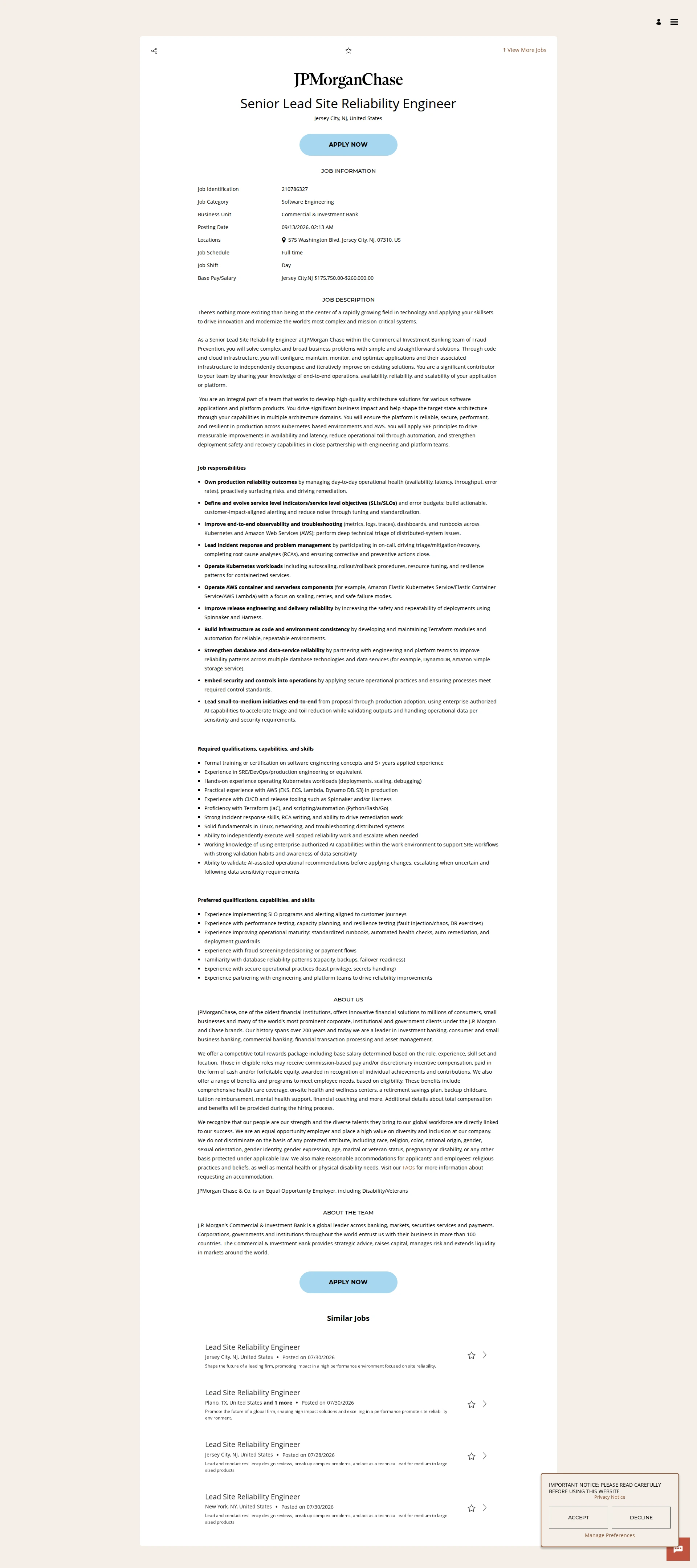 JPMorganChase Senior Lead Site Reliability Engineer 채용공고