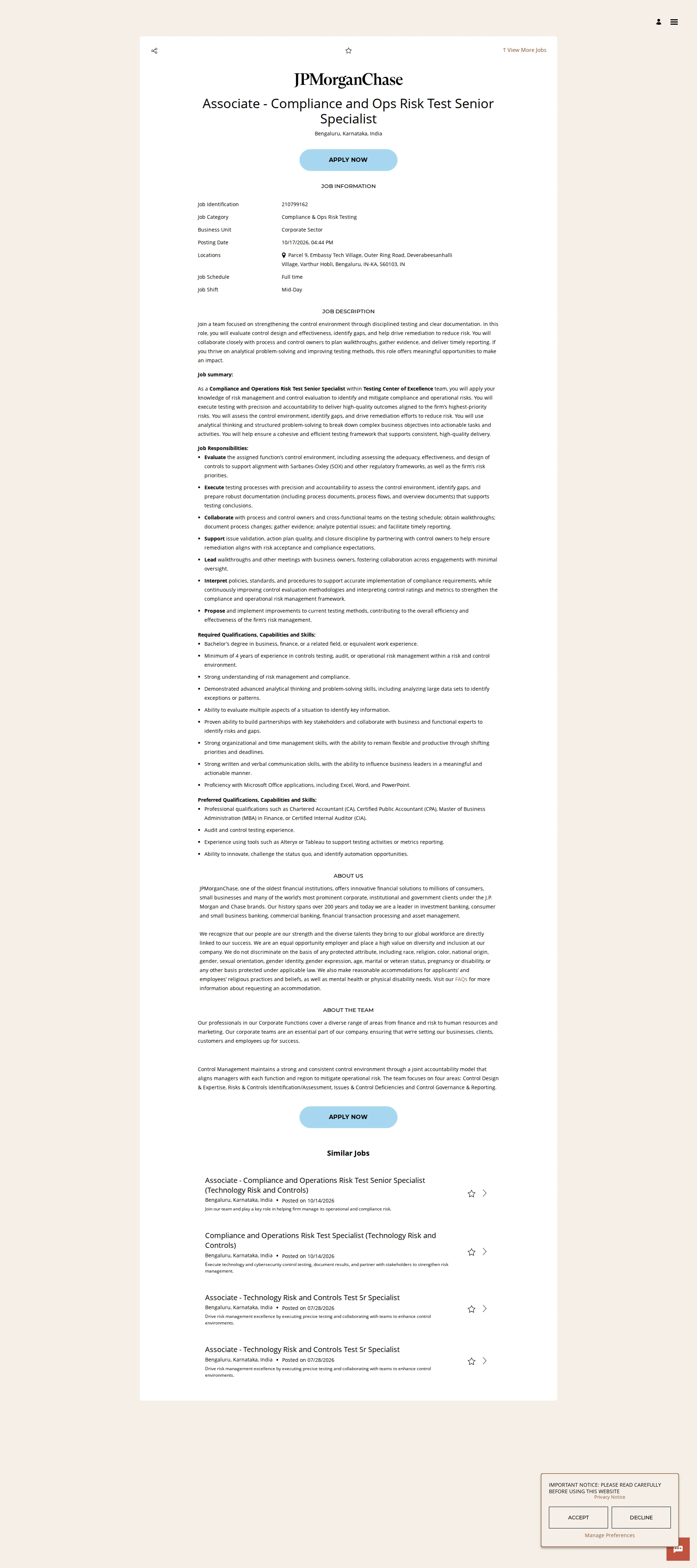 JPMorganChase Associate - Compliance and Ops Risk Test Senior Specialist 채용공고