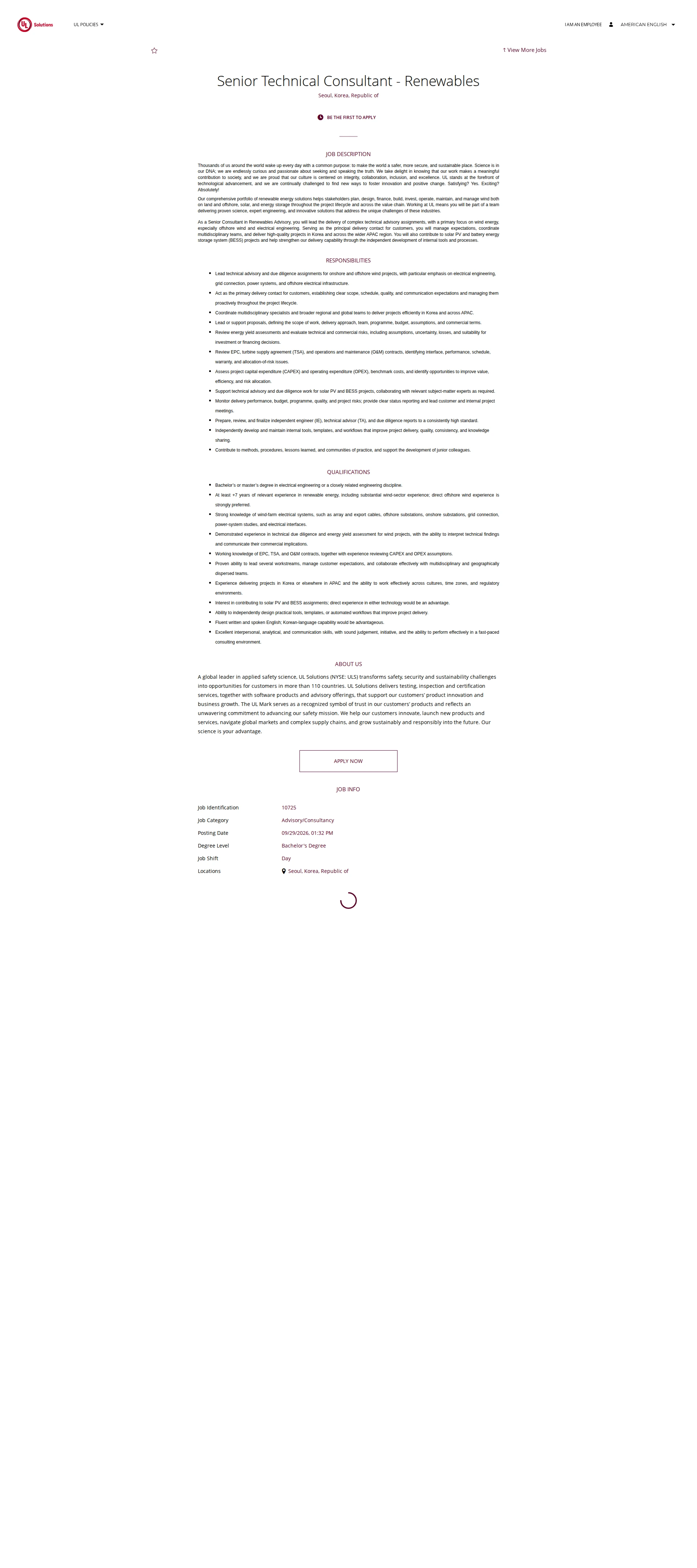 UL Solutions Senior Technical Consultant - Renewables 채용공고