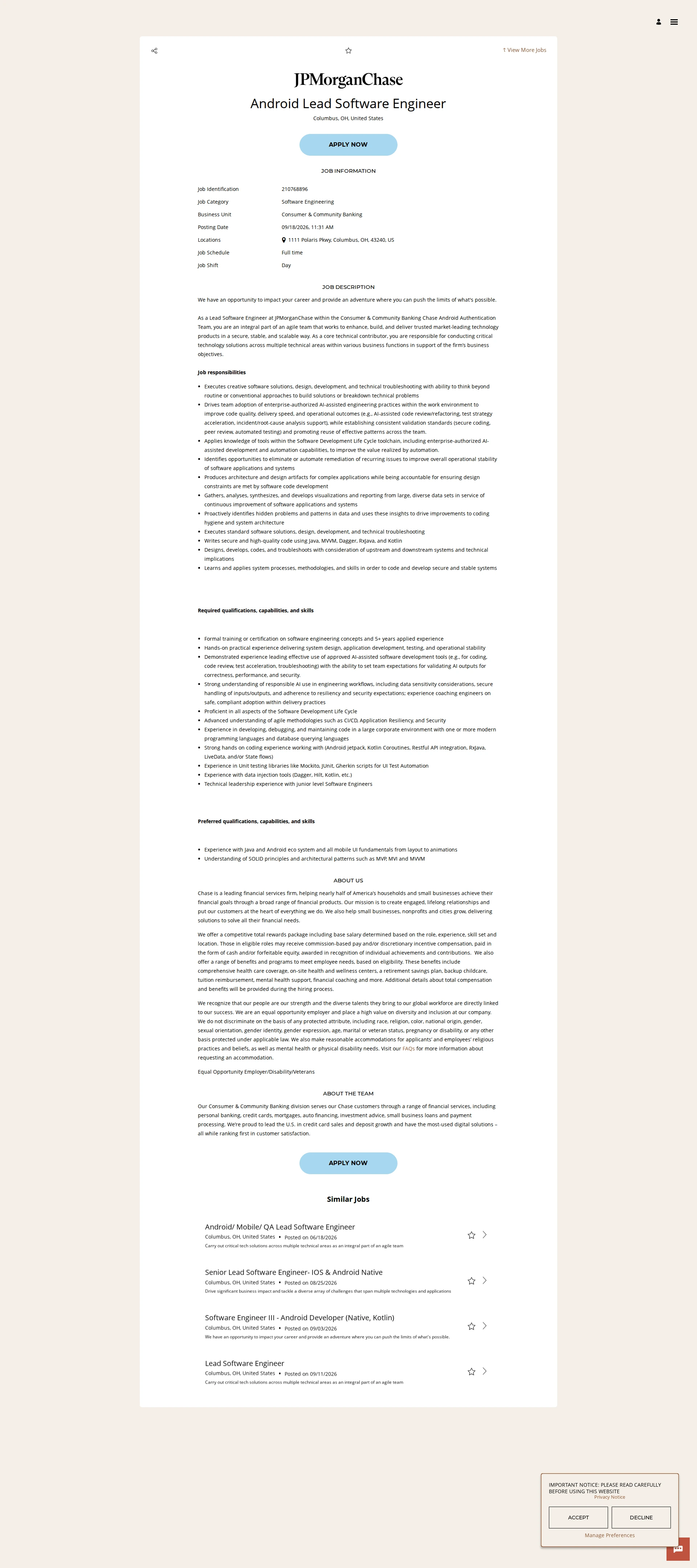 JPMorganChase Android Lead Software Engineer 채용공고