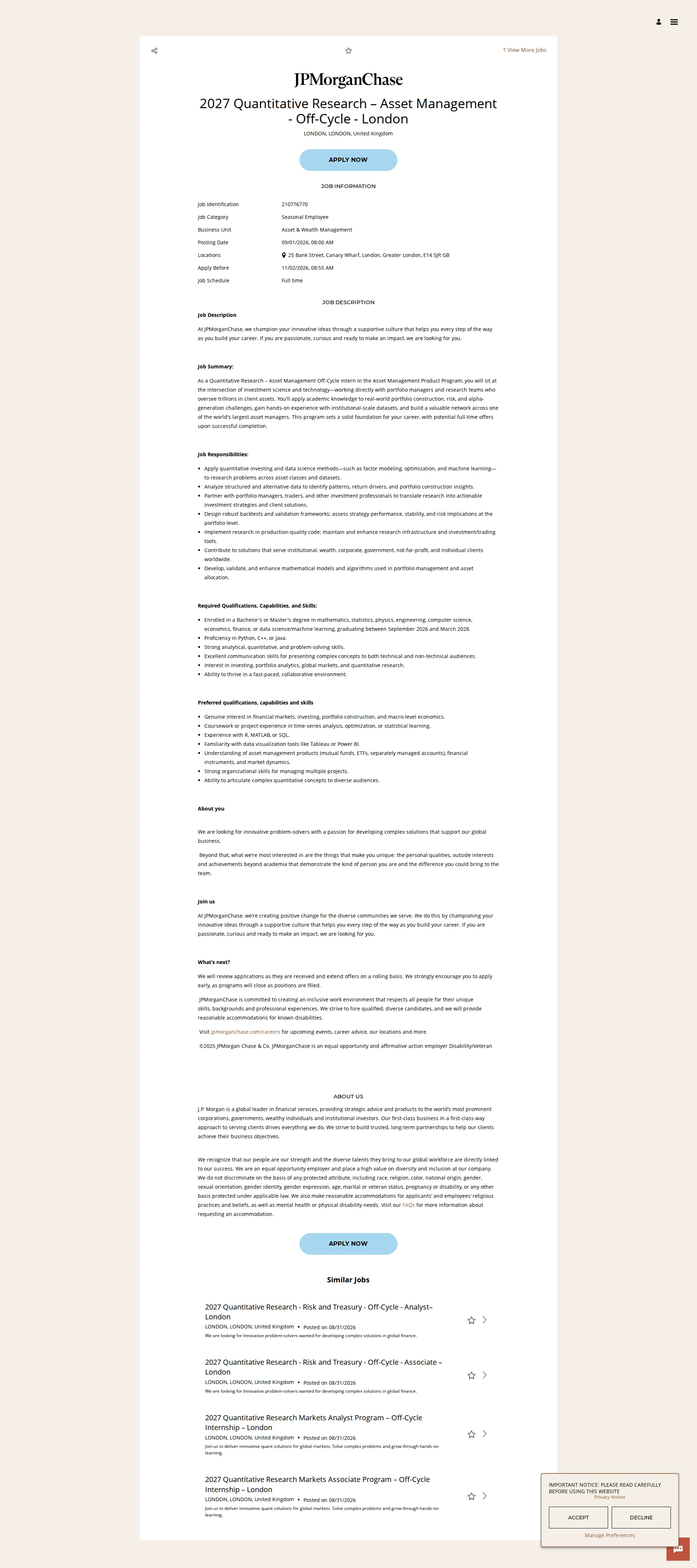JPMorganChase 2027 Quantitative Research – Asset Management - Off-Cycle - London 채용공고