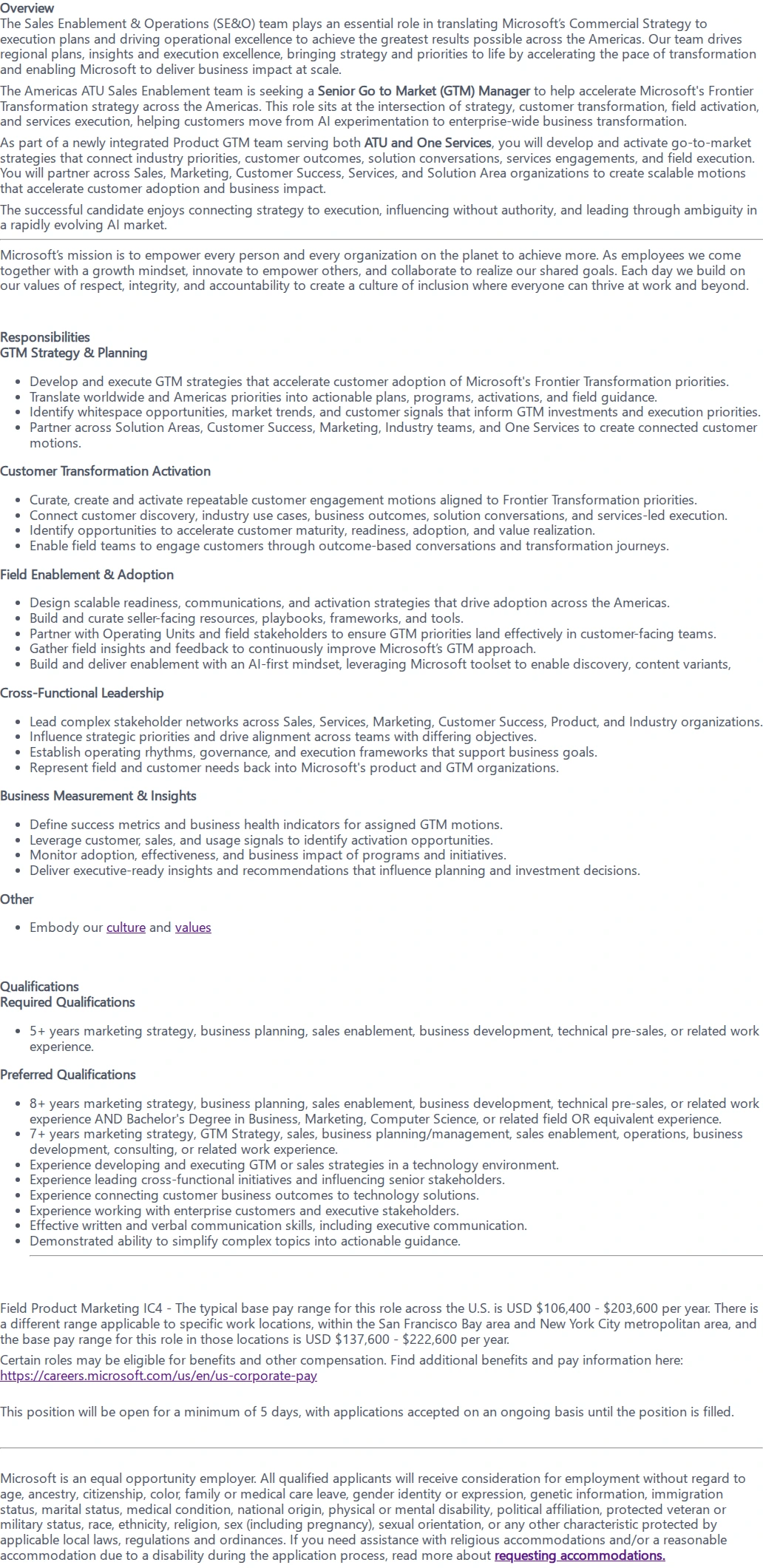 마이크로소프트(Microsoft) Senior Go-to-Market Manager, Frontier Sales Enablement 채용공고