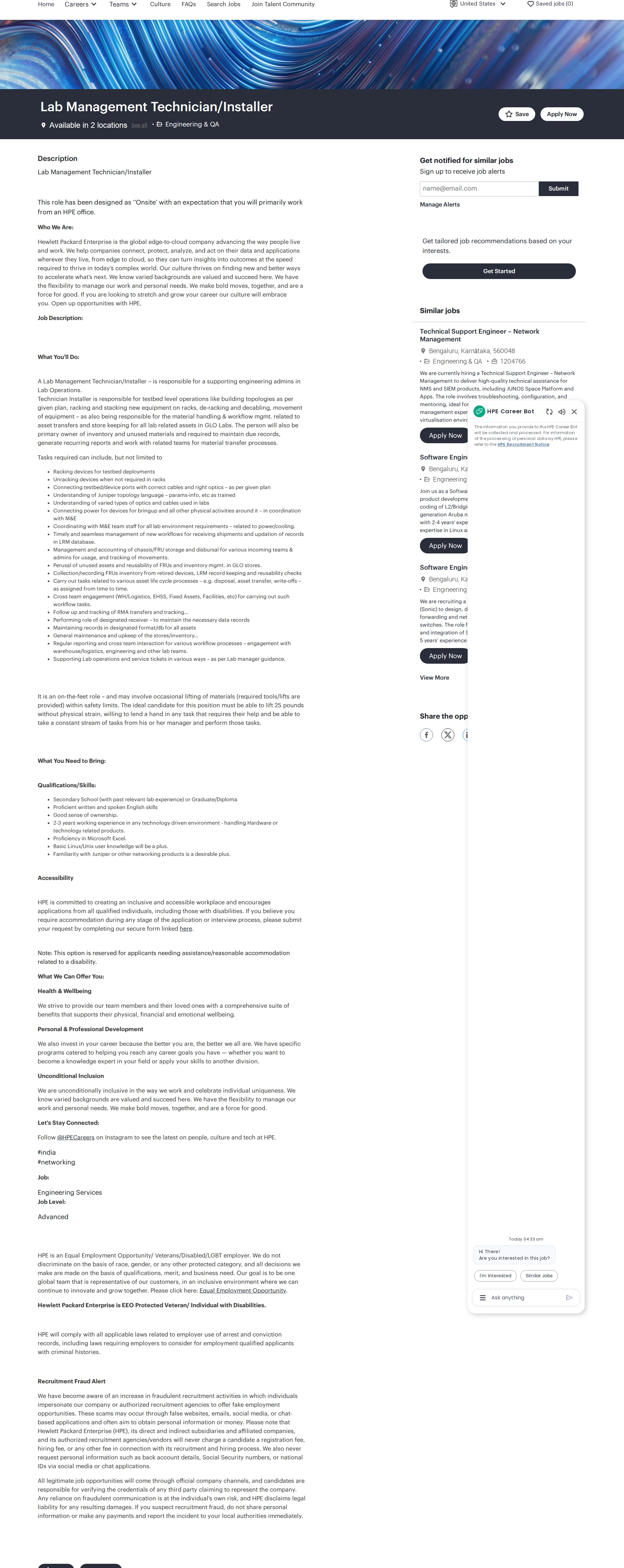 HP Lab Management Technician/Installer 채용공고