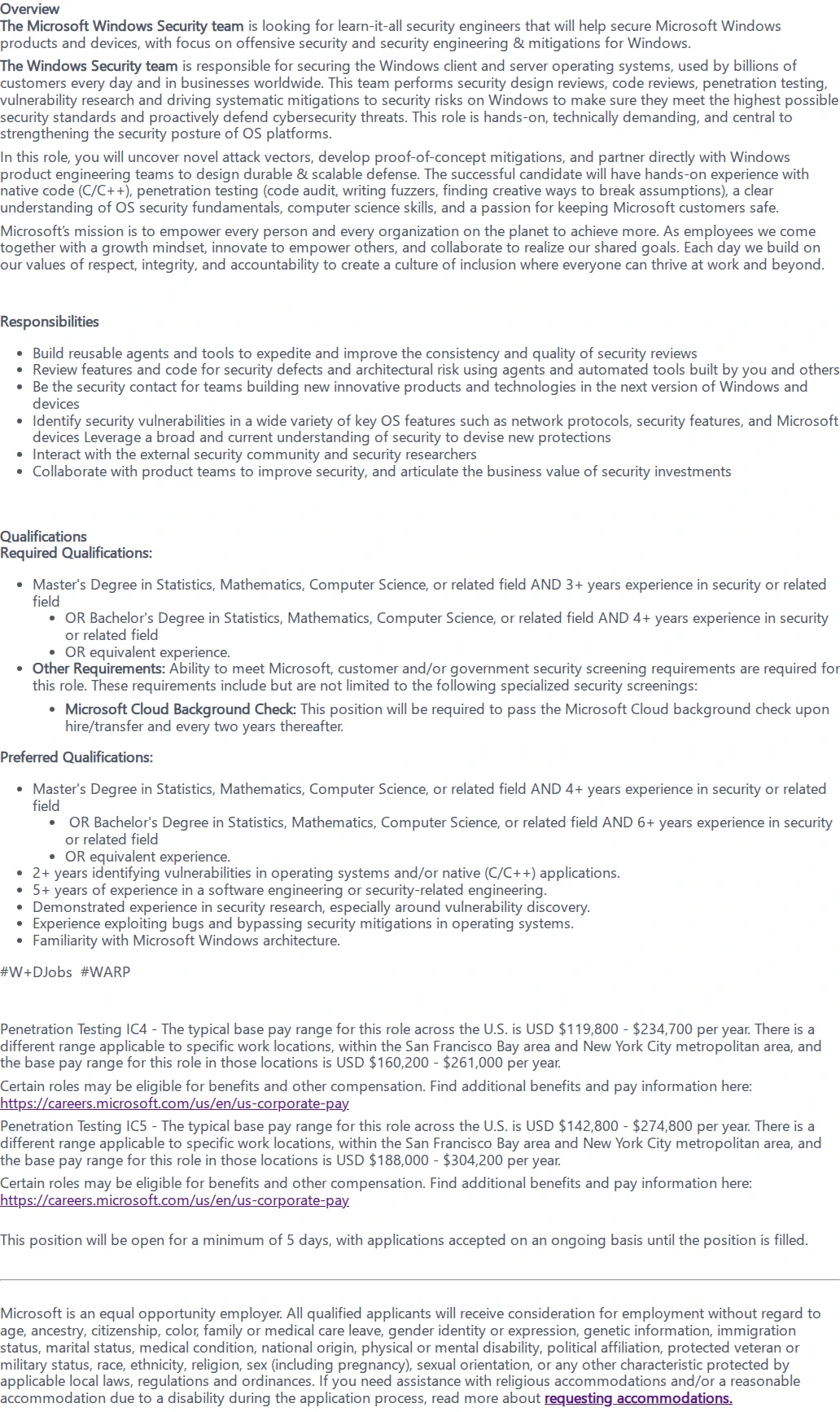 마이크로소프트(Microsoft) Senior Security Engineer and Principal Security Engineer (Multiple Positions) 채용공고