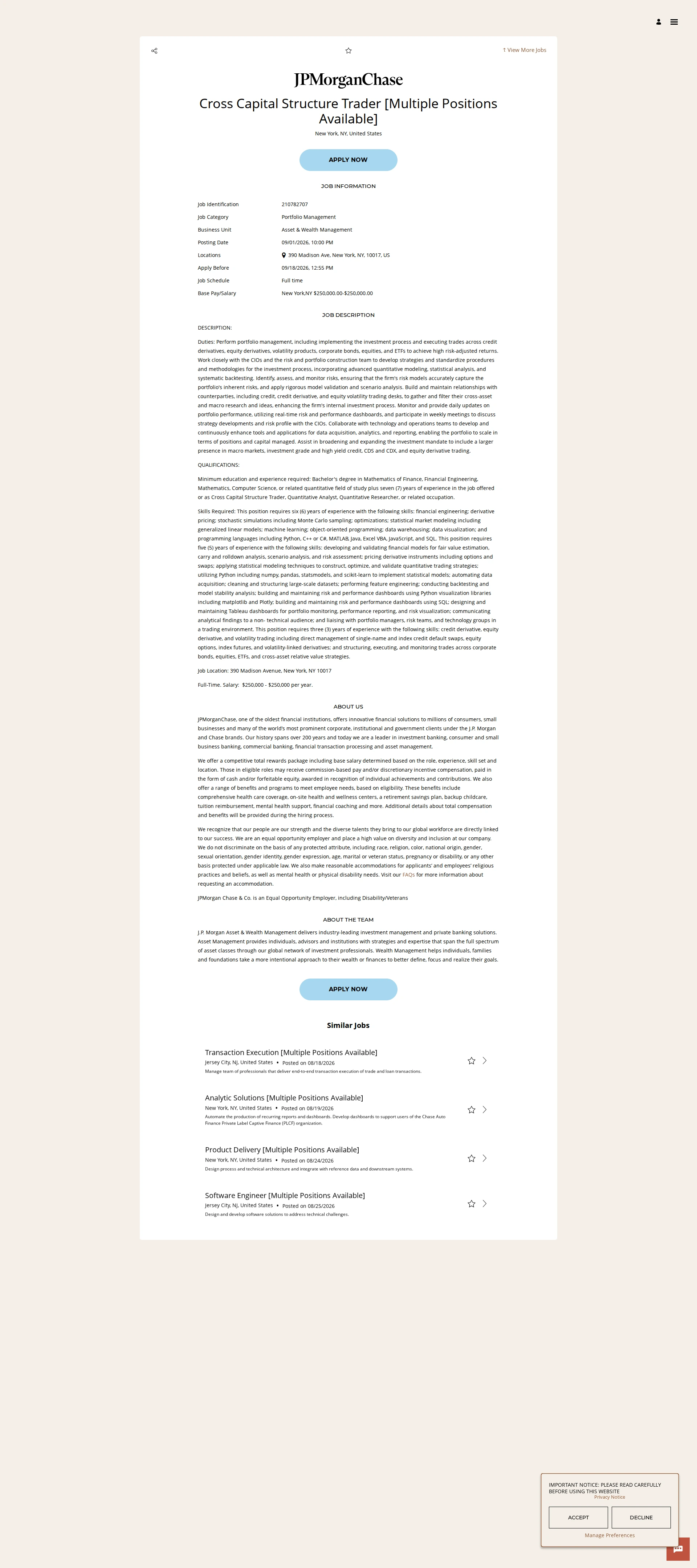 JPMorganChase Cross Capital Structure Trader [Multiple Positions Available] 채용공고