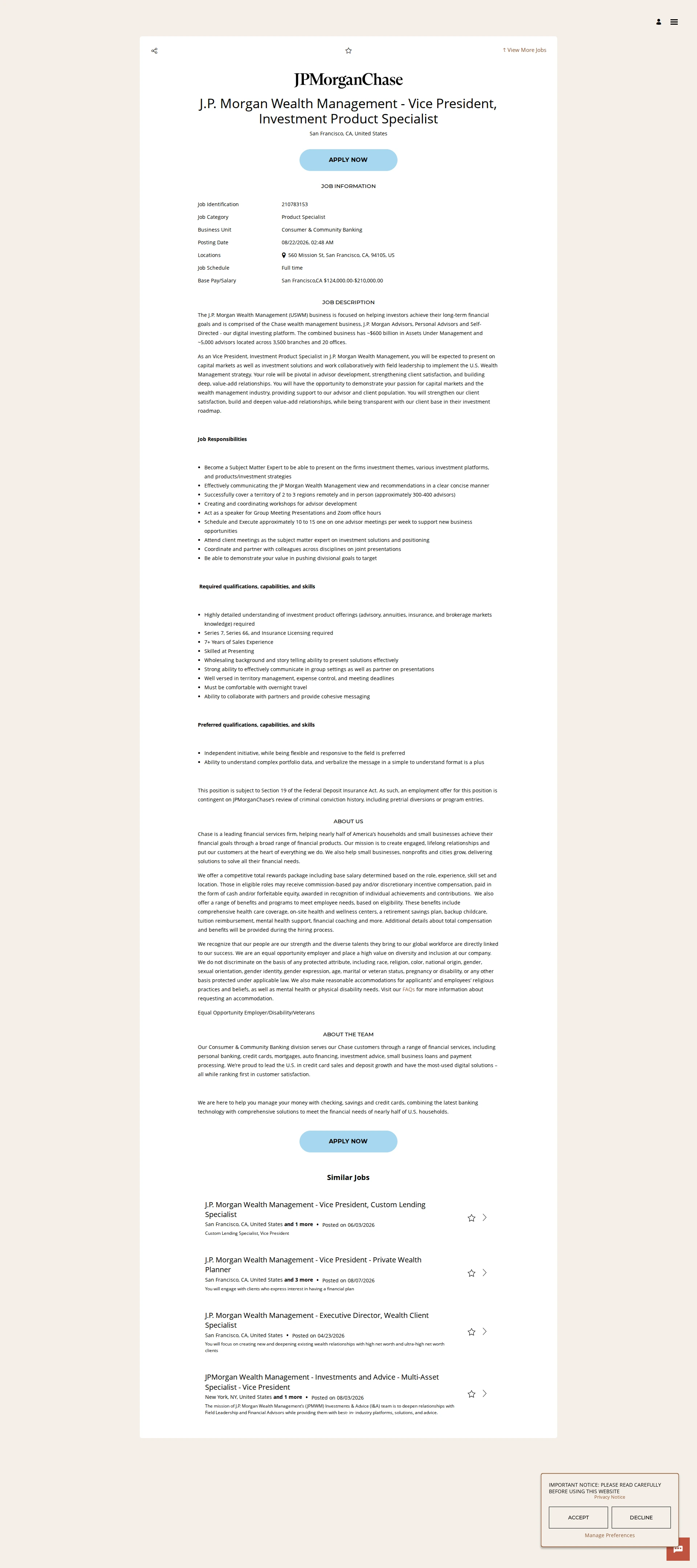 JPMorganChase J.P. Morgan Wealth Management - Vice President, Investment Product Specialist 채용공고