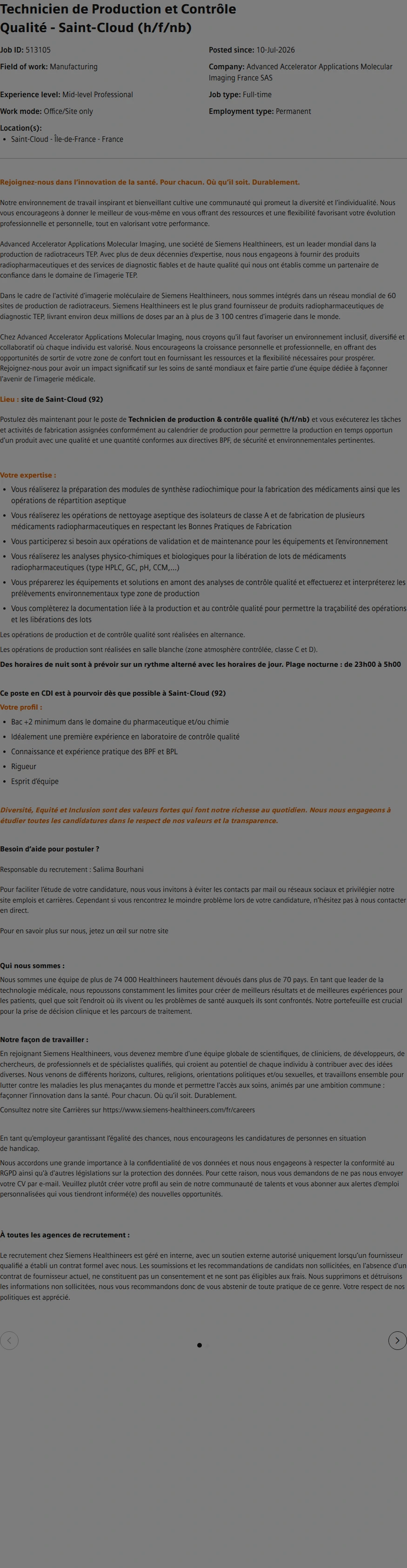 SiemensHealthineers Technicien de Production et Contrôle Qualité - Saint-Cloud (h/f/nb) 채용공고