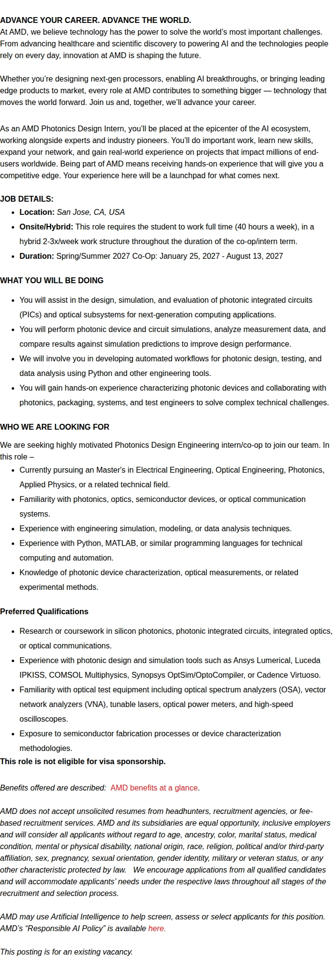 AMD Spring/Summer 2027 Masters Photonics Design Engineering Co-Op 채용공고