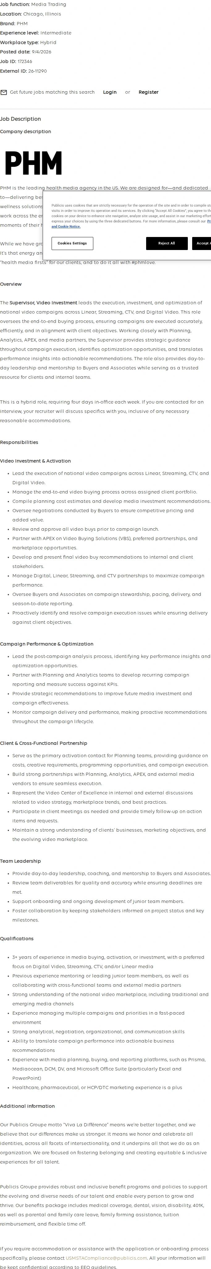 Publicis Groupe Supervisor, Video Investment 채용공고